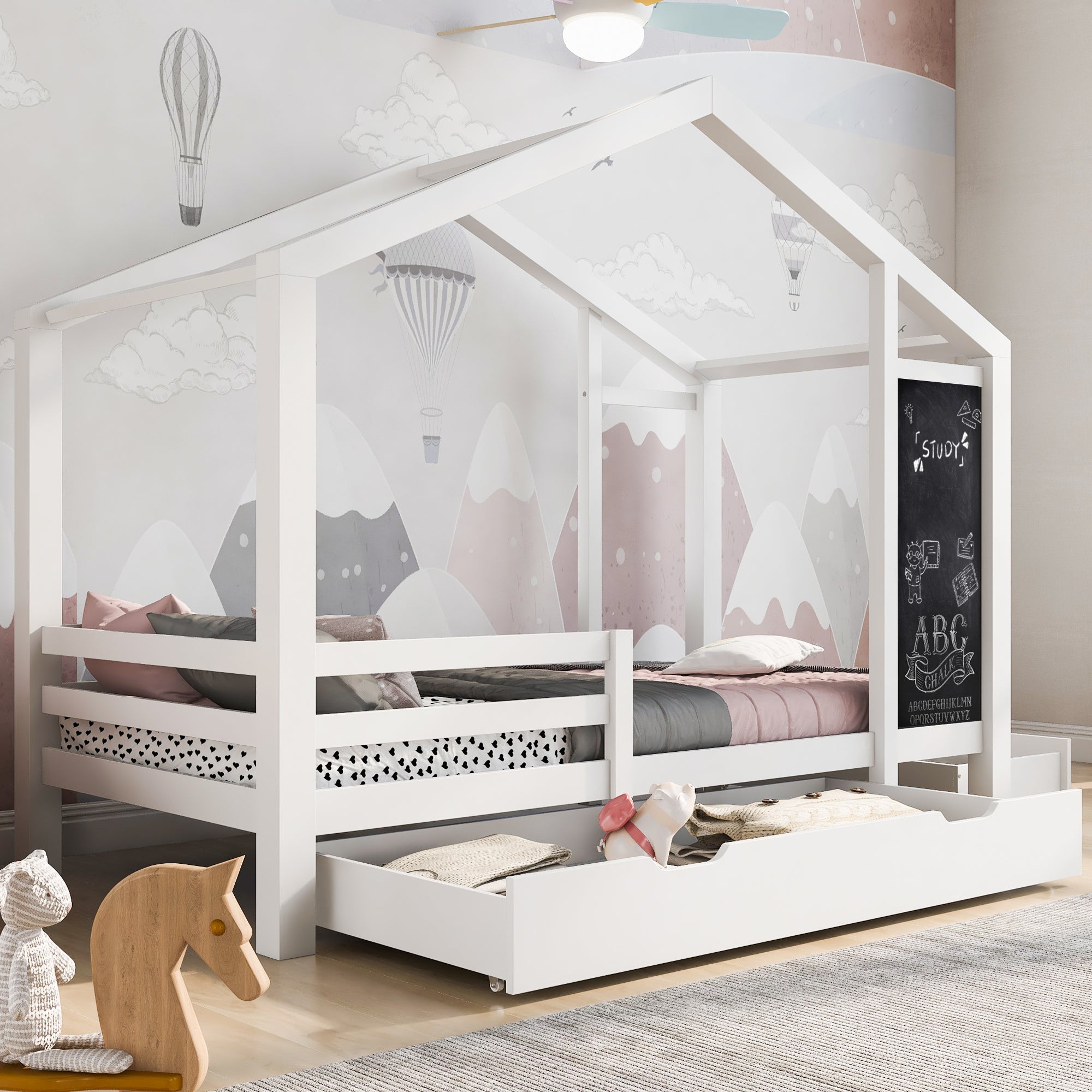 Logidon kinderbed huisbed 90x200 cm wit met plank en 2 lades