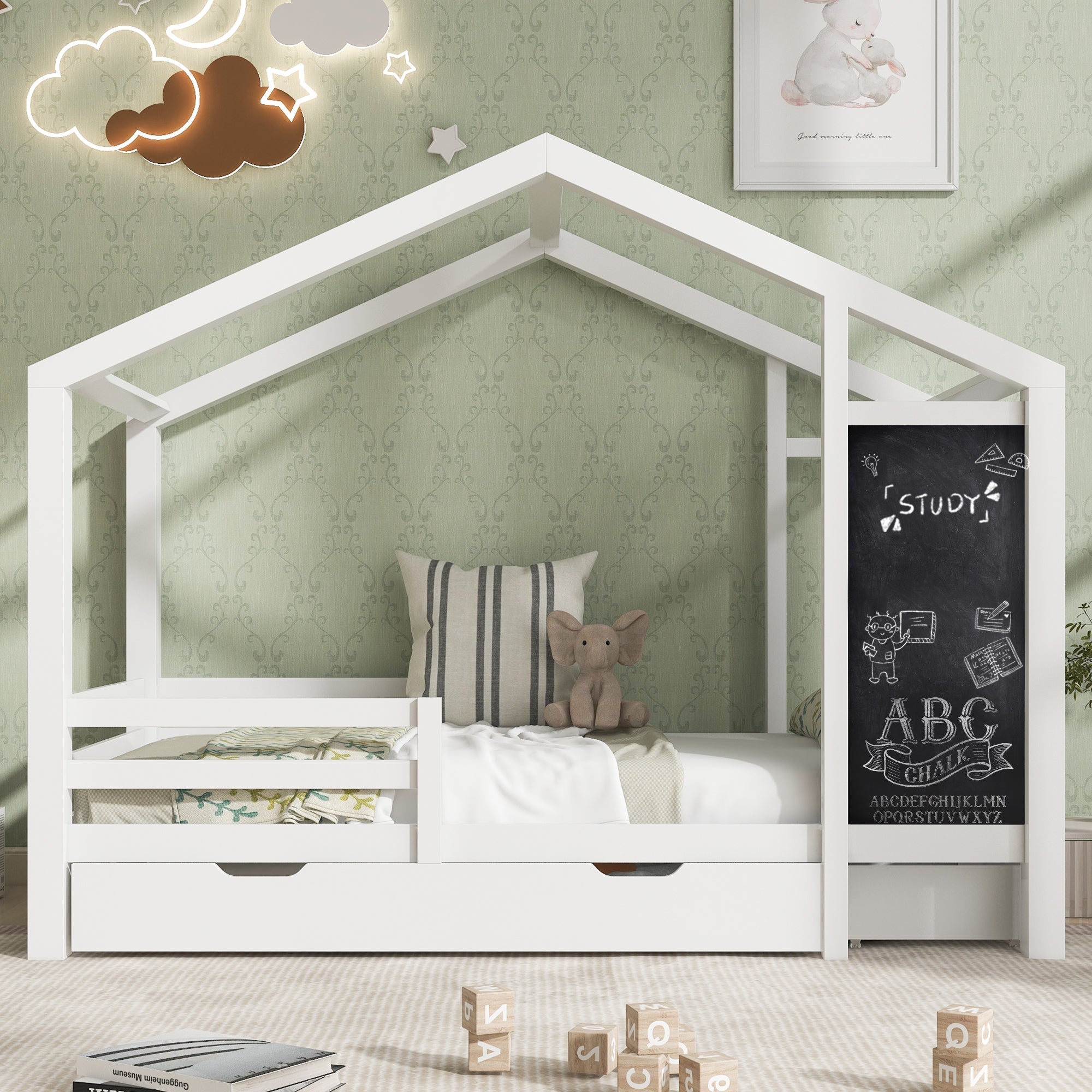 Logidon kinderbed huisbed 90x200 cm wit met plank en 2 lades