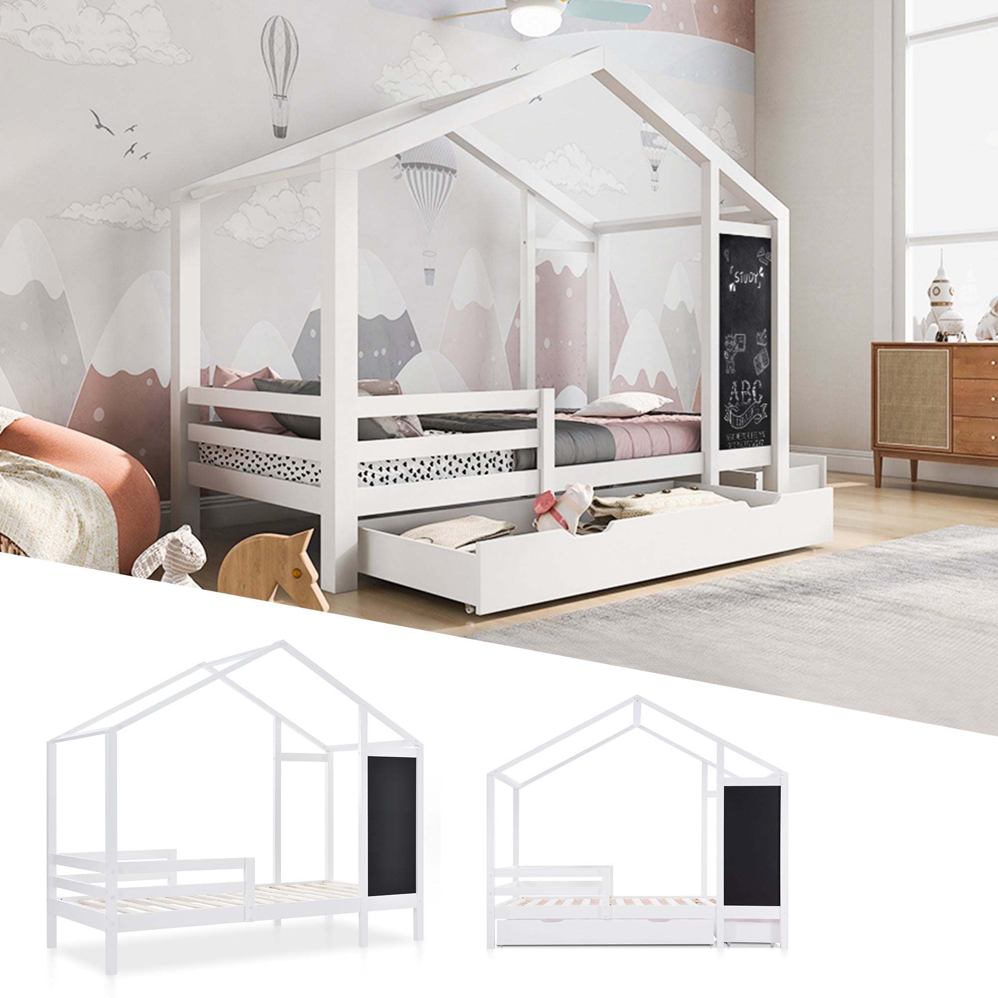 Logidon kinderbed huisbed 90x200 cm wit met plank en 2 lades
