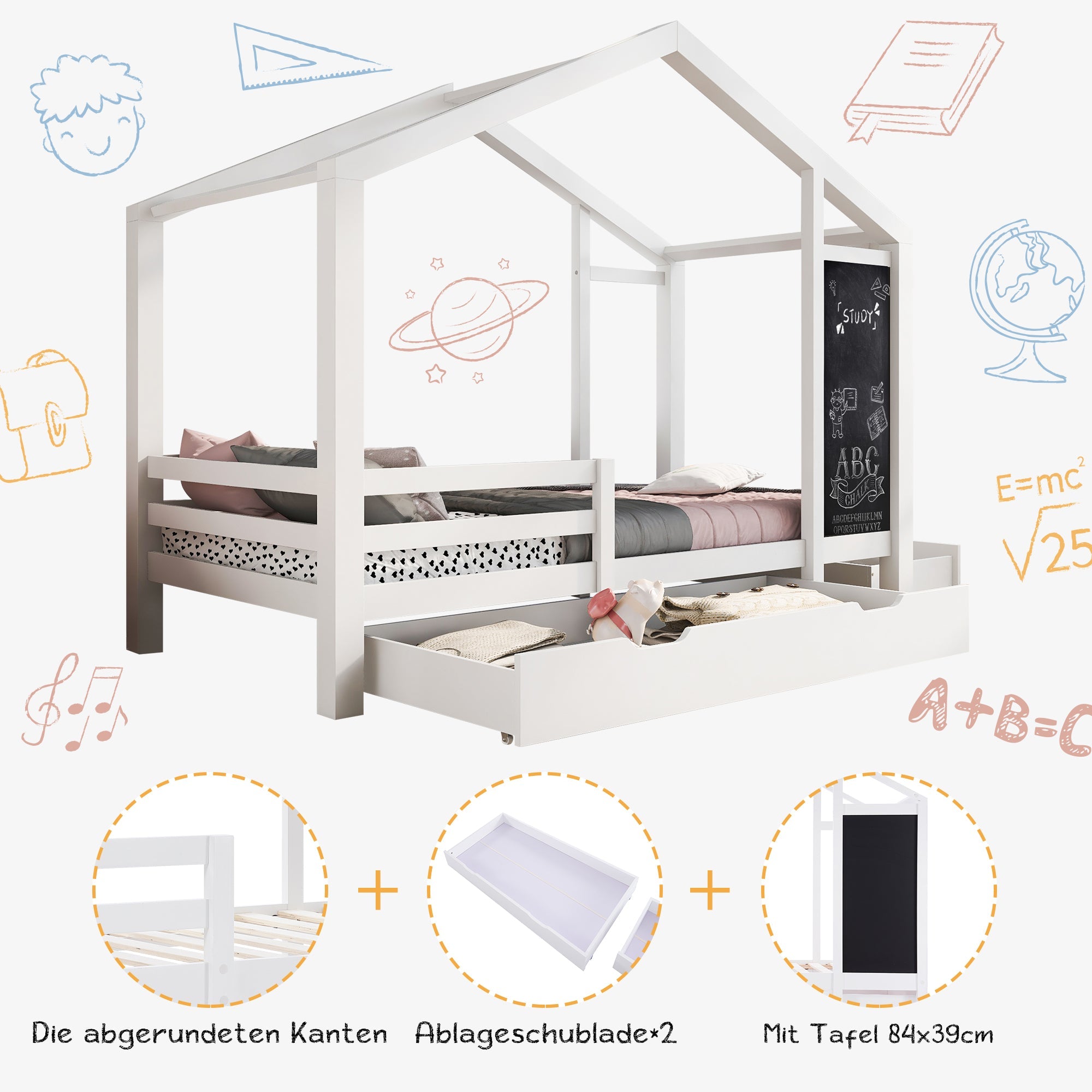 Logidon kinderbed huisbed 90x200 cm wit met plank en 2 lades
