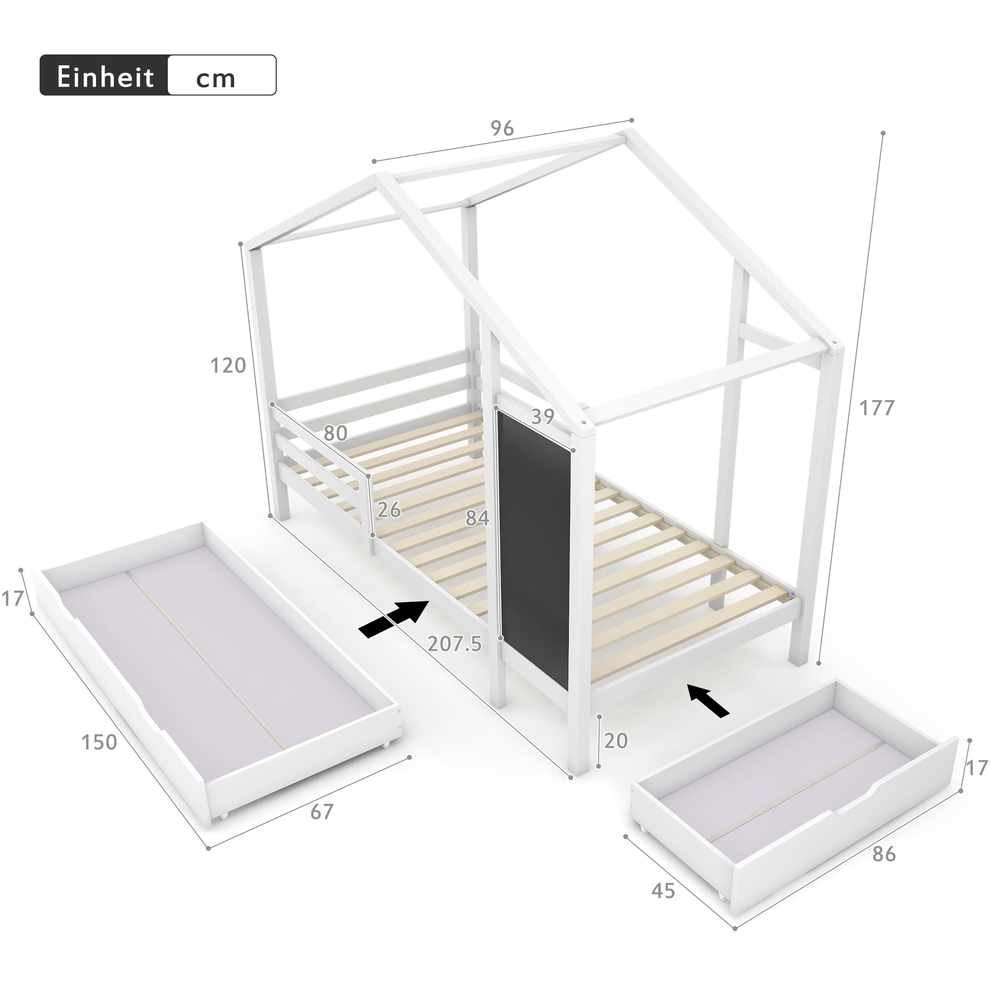 Logidon kinderbed huisbed 90x200 cm wit met plank en 2 lades