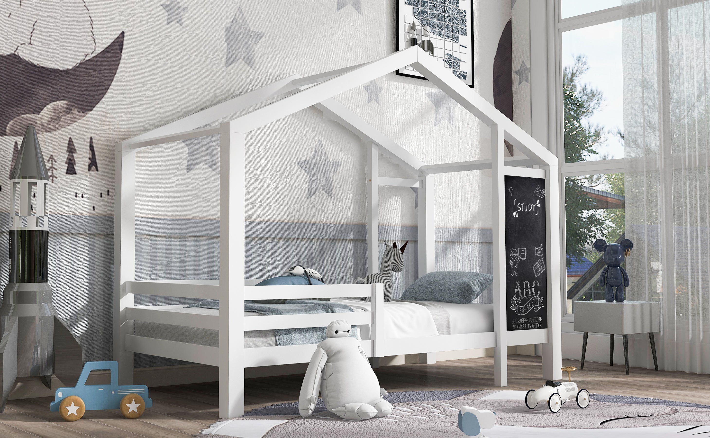 Logidon kinderbed huisbed 90x200 cm wit met plank en 2 lades