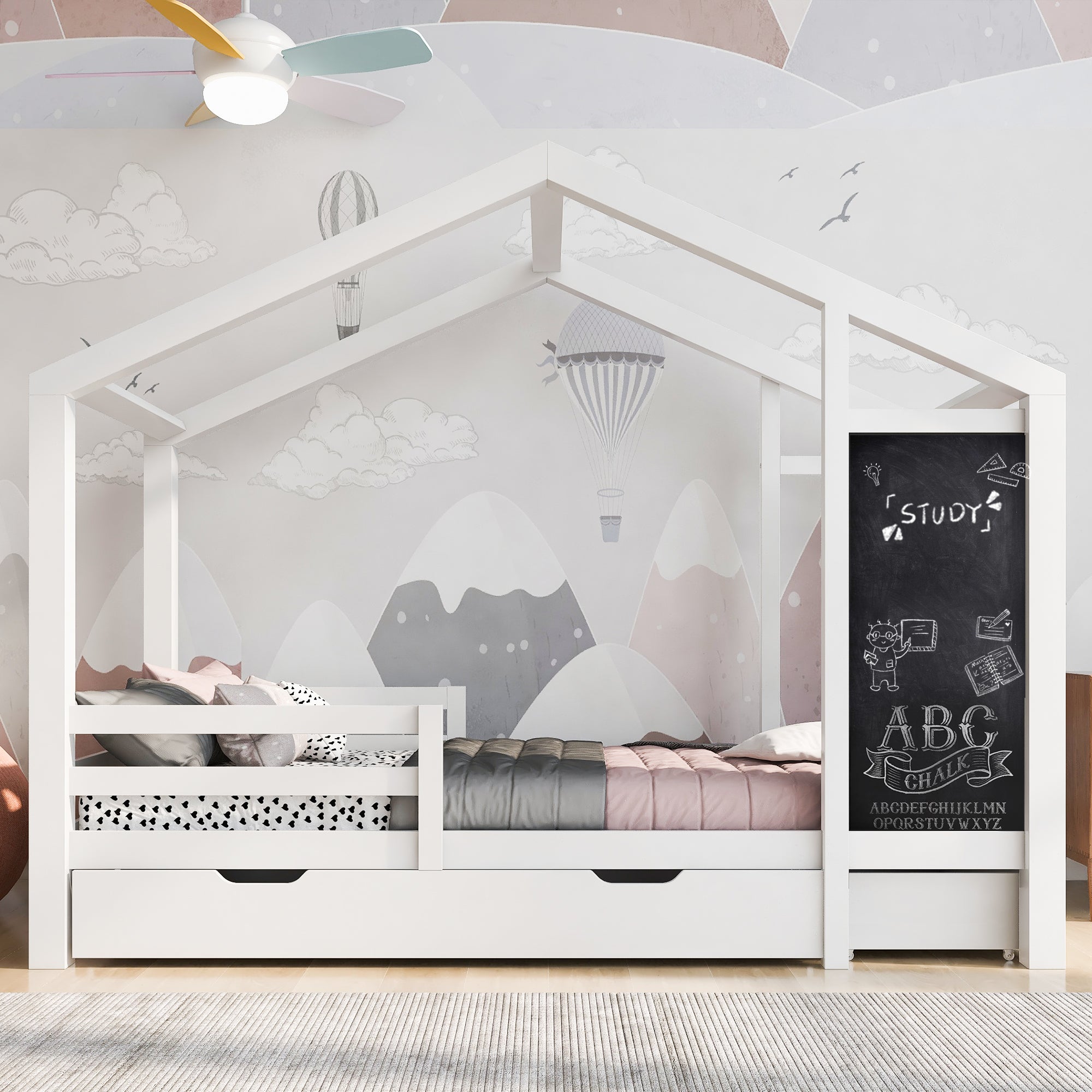 Logidon kinderbed huisbed 90x200 cm wit met plank en 2 lades