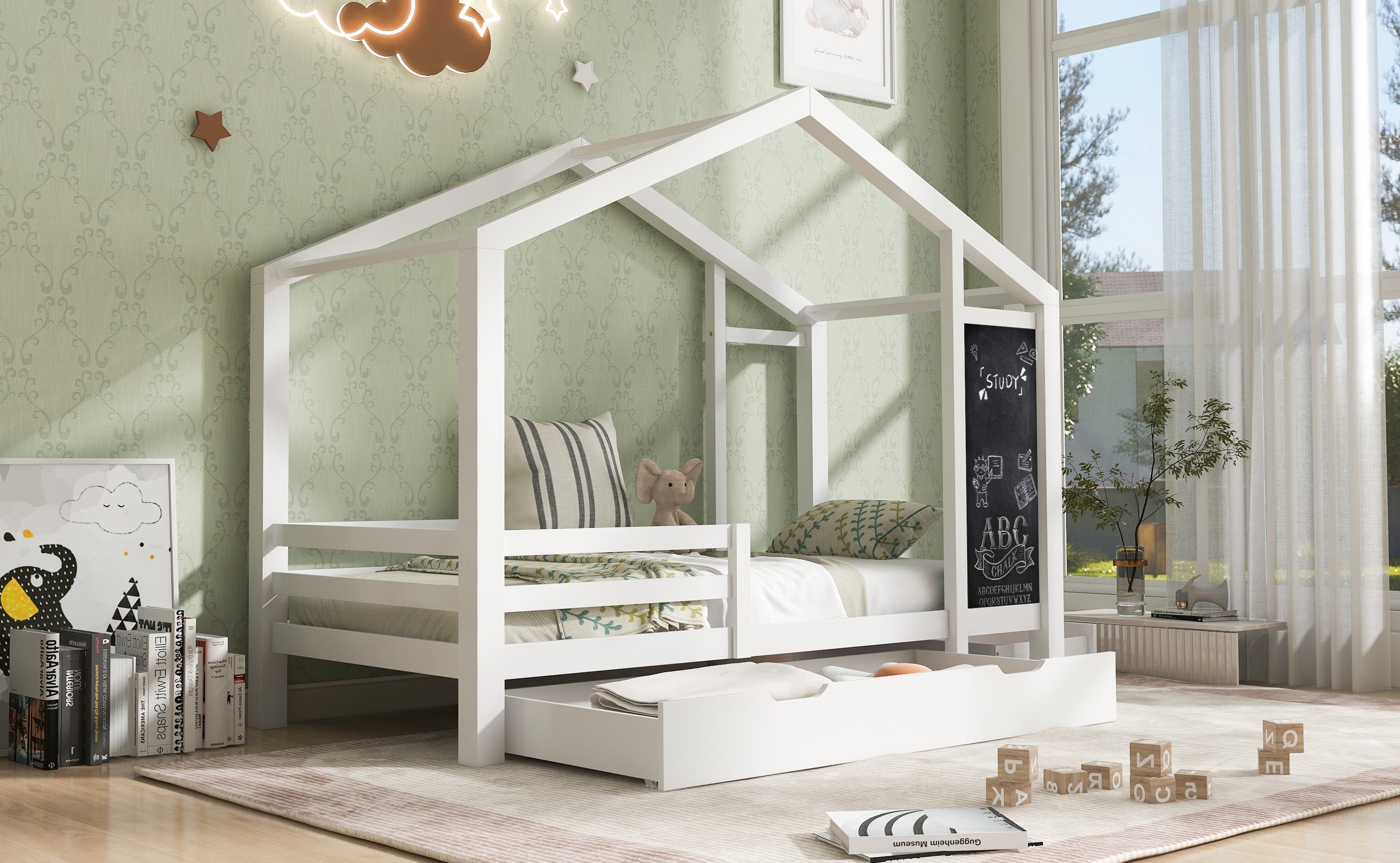 Logidon kinderbed huisbed 90x200 cm wit met plank en 2 lades