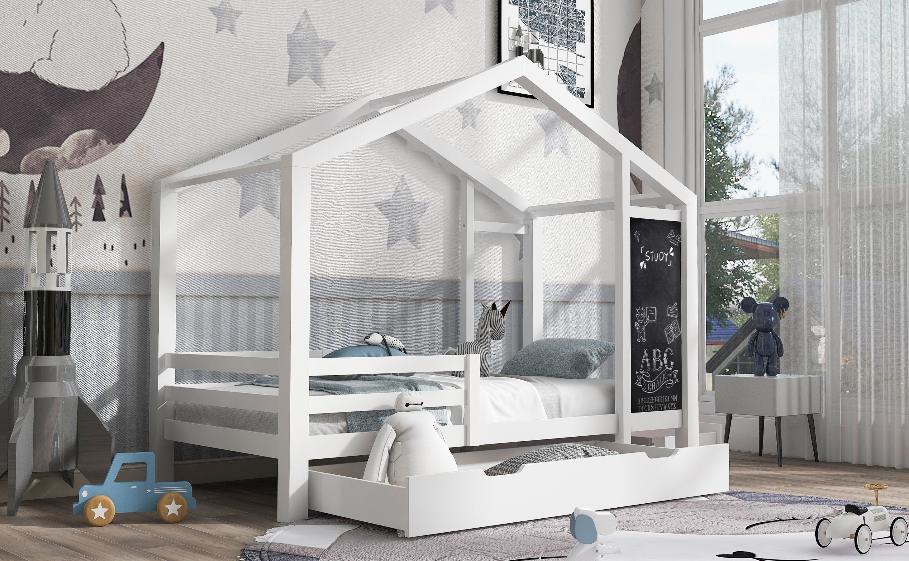 Logidon kinderbed huisbed 90x200 cm wit met plank en 2 lades