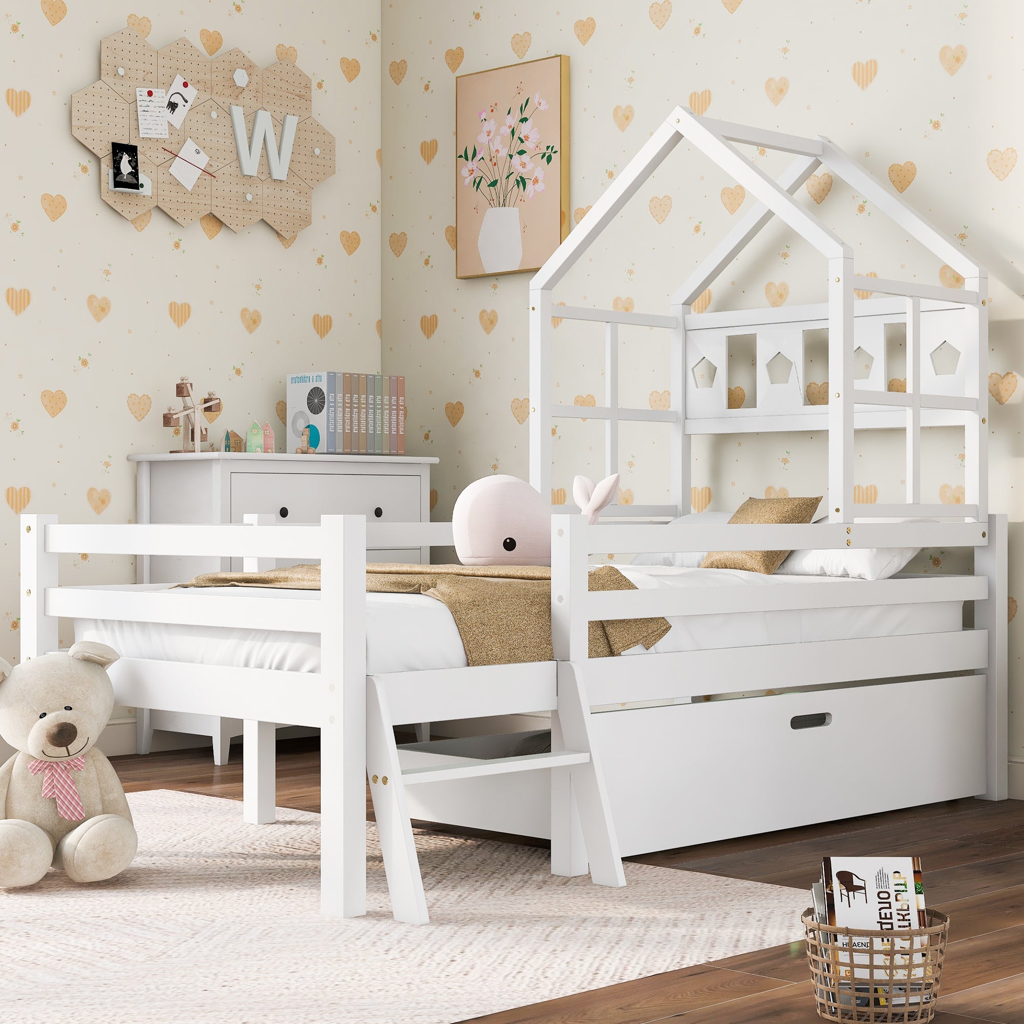 Logidon House Bed Kinderbed met ladder en lades 90x200 wit