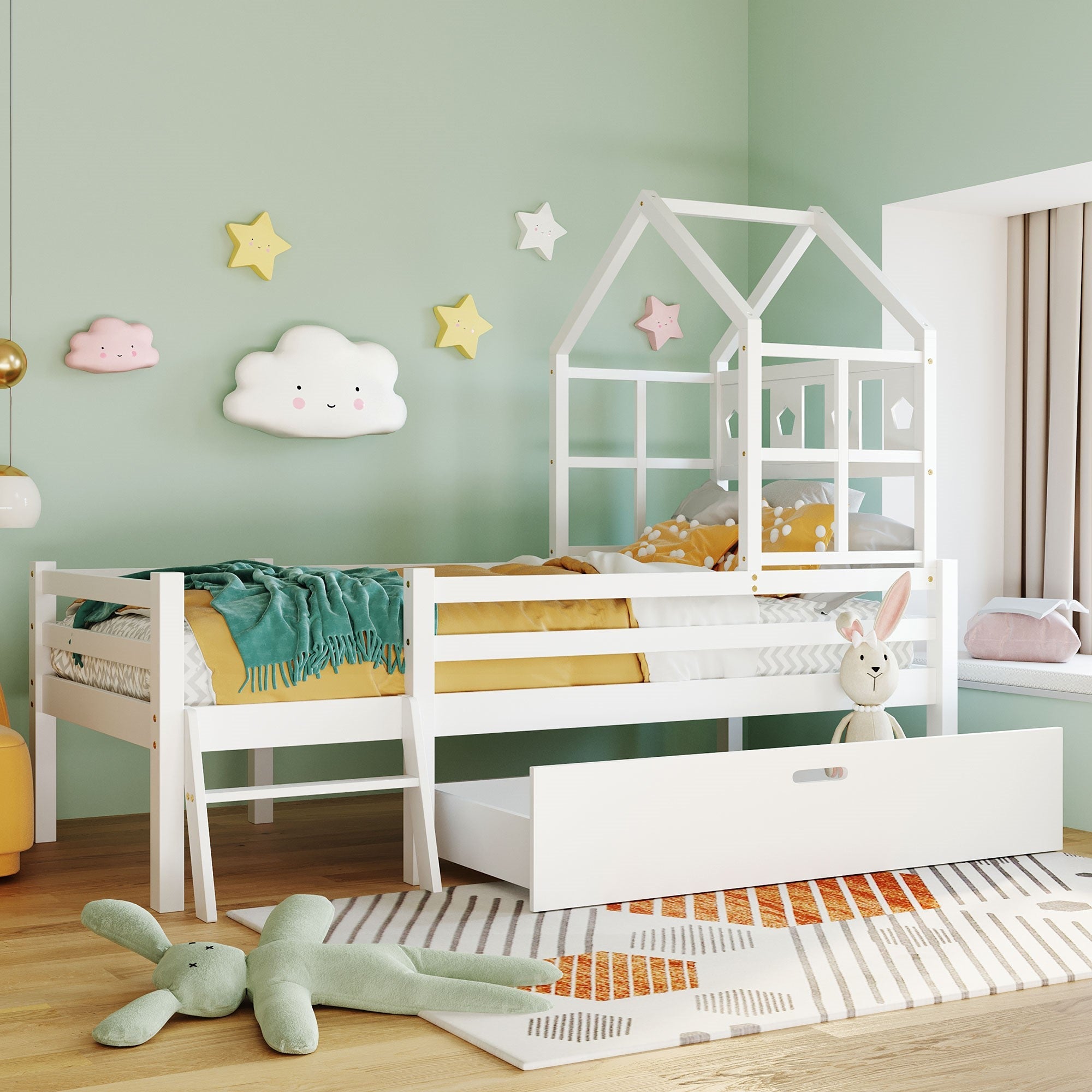 Logidon House Bed Kinderbed met ladder en lades 90x200 wit