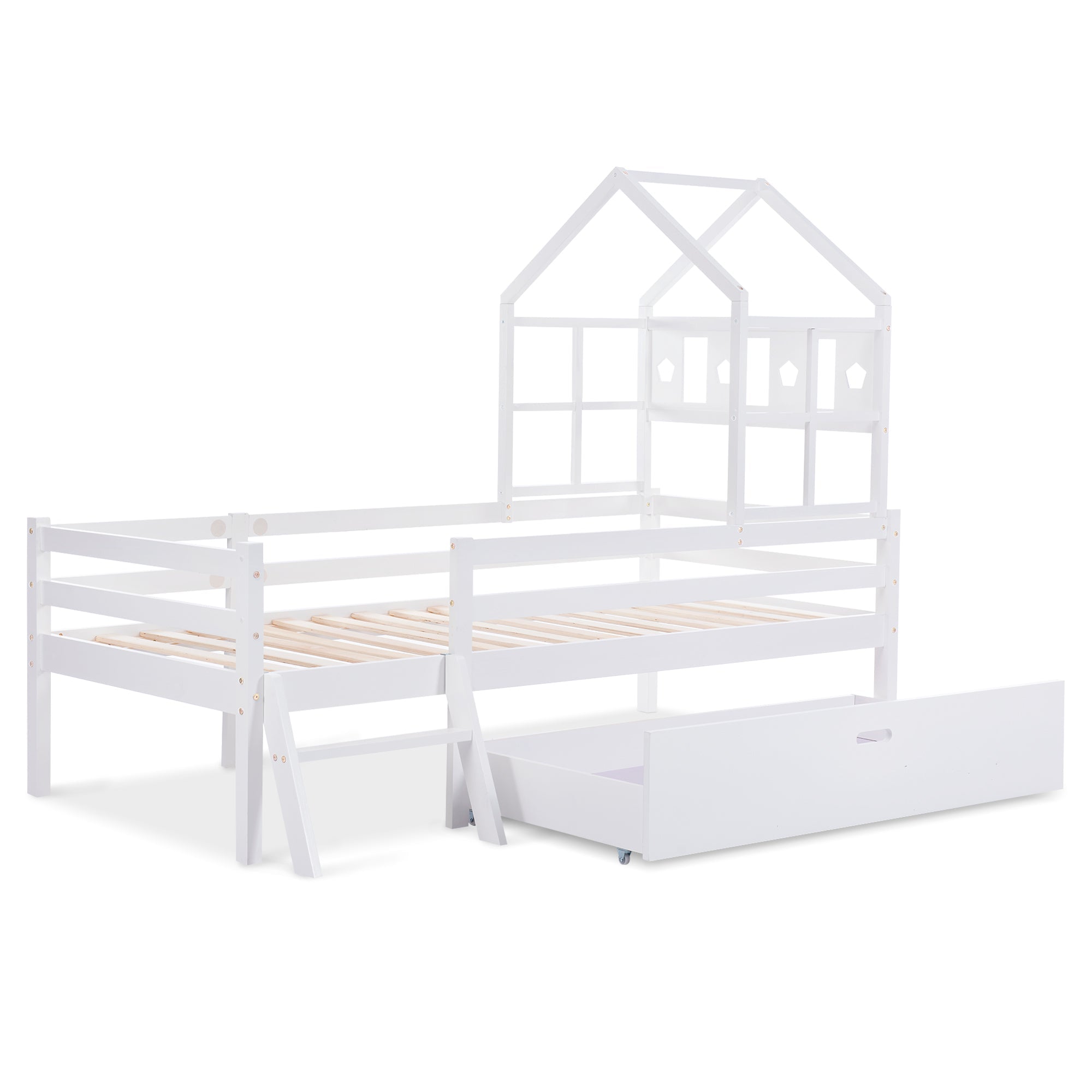 Logidon House Bed Kinderbed met ladder en lades 90x200 wit