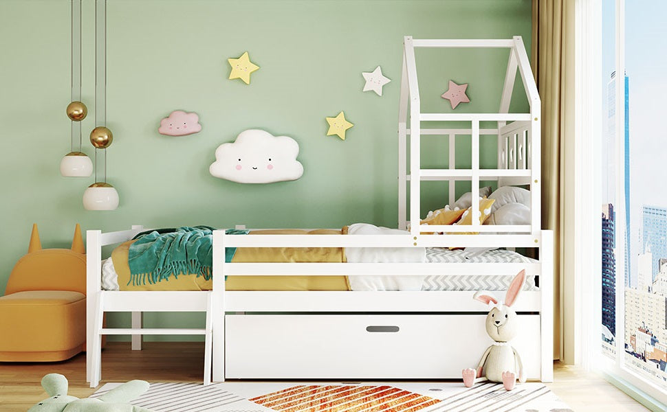 Logidon House Bed Kinderbed met ladder en lades 90x200 wit