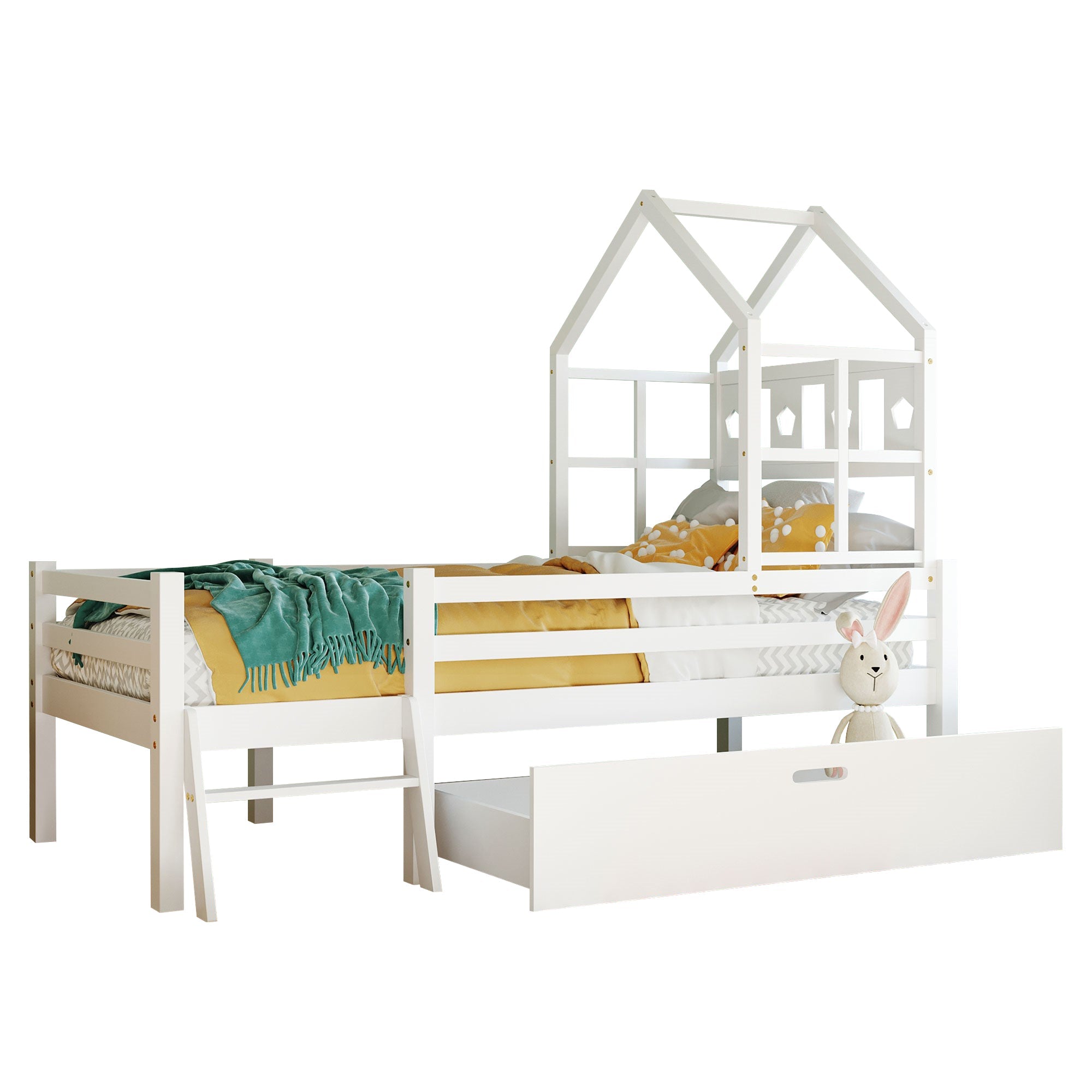 Logidon House Bed Kinderbed met ladder en lades 90x200 wit