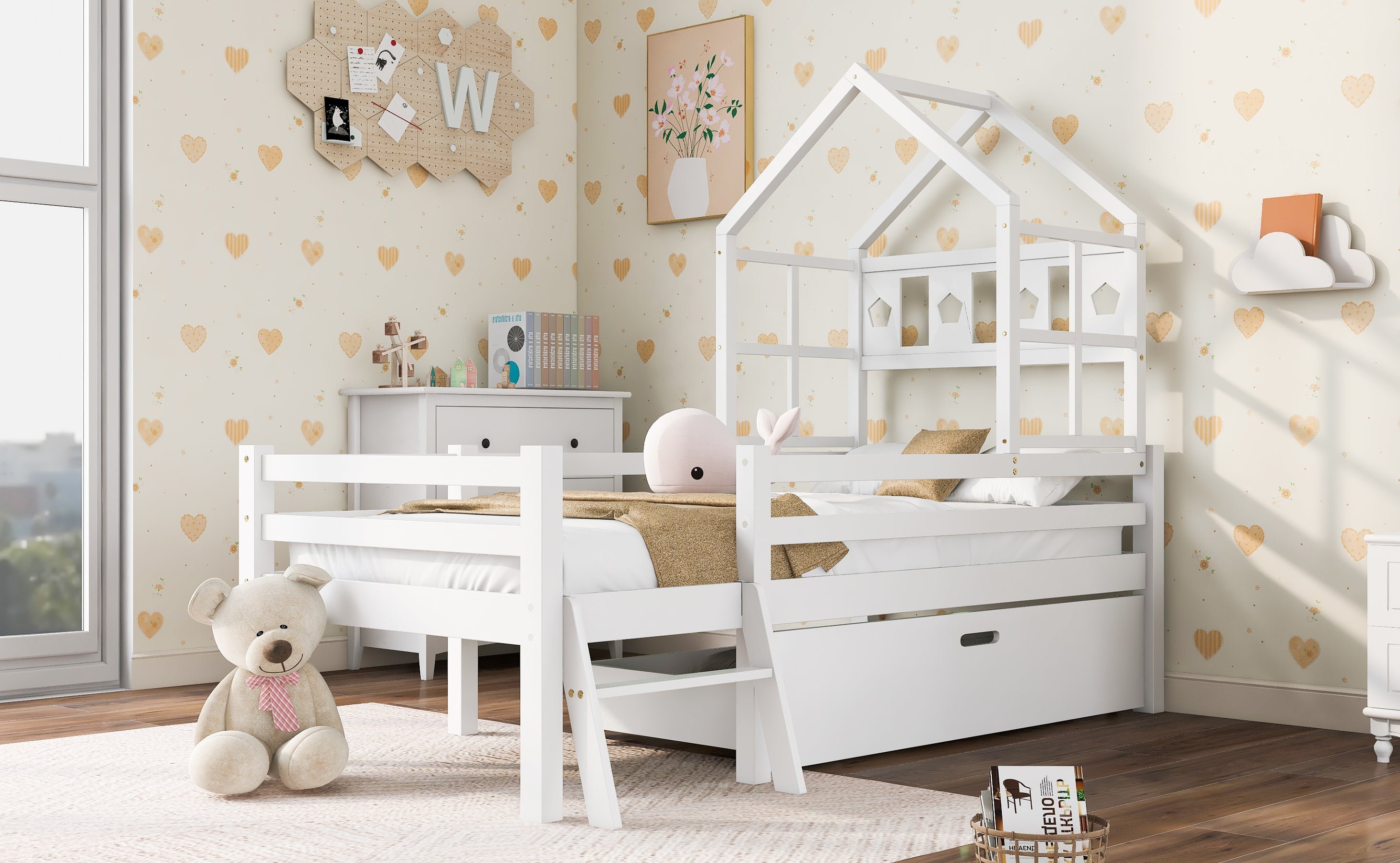 Logidon House Bed Kinderbed met ladder en lades 90x200 wit