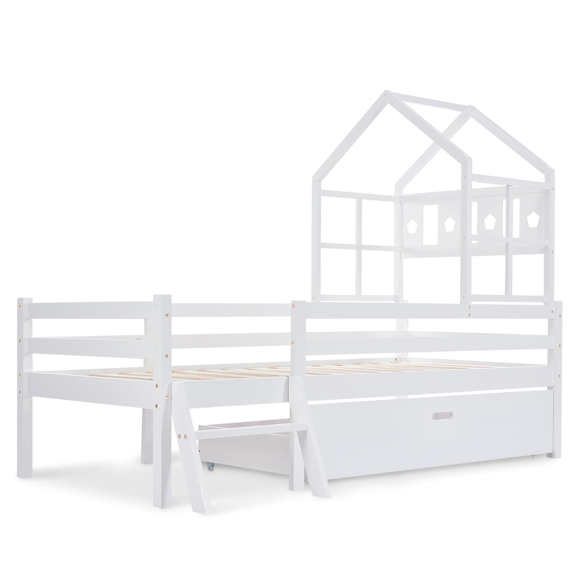 Logidon House Bed Kinderbed met ladder en lades 90x200 wit