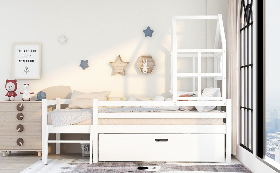 Logidon House Bed Kinderbed met ladder en lades 90x200 wit