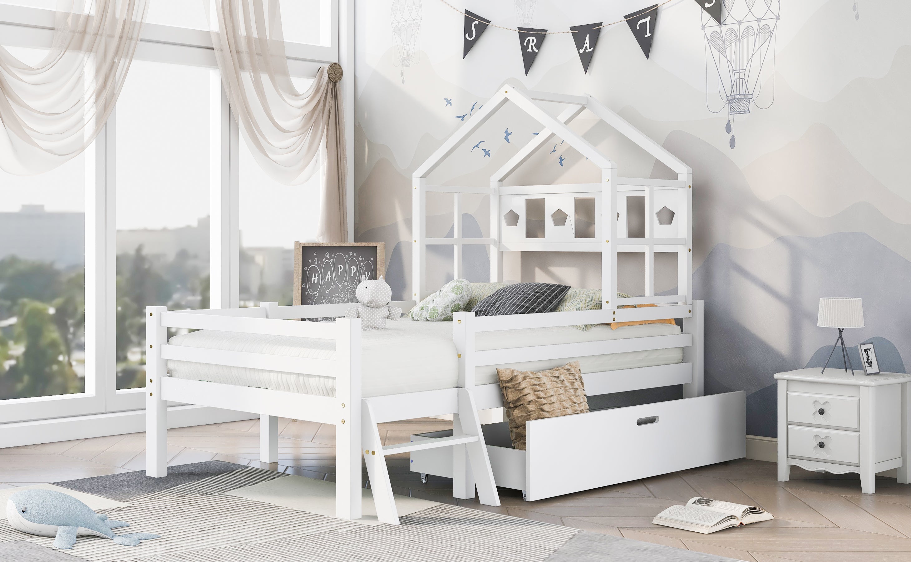 Logidon House Bed Kinderbed met ladder en lades 90x200 wit