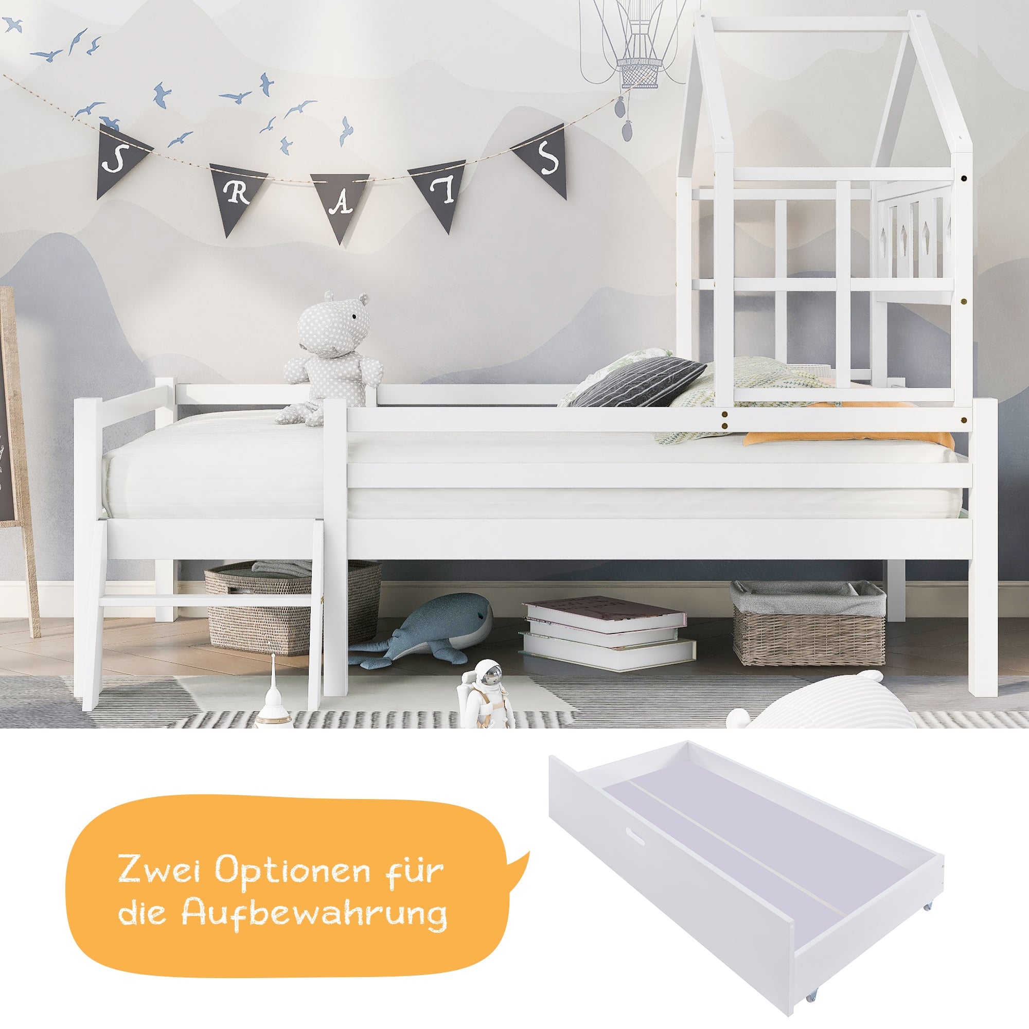 Logidon House Bed Kinderbed met ladder en lades 90x200 wit