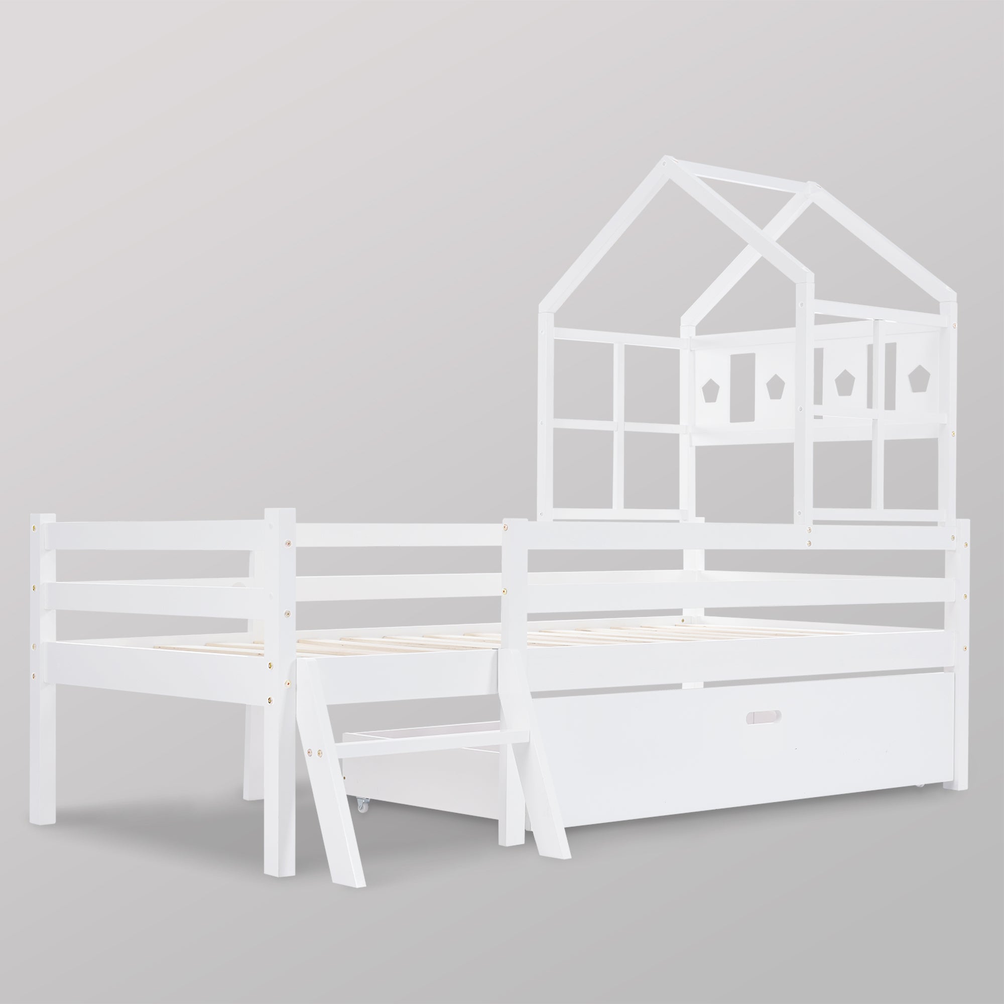 Logidon House Bed Kinderbed met ladder en lades 90x200 wit