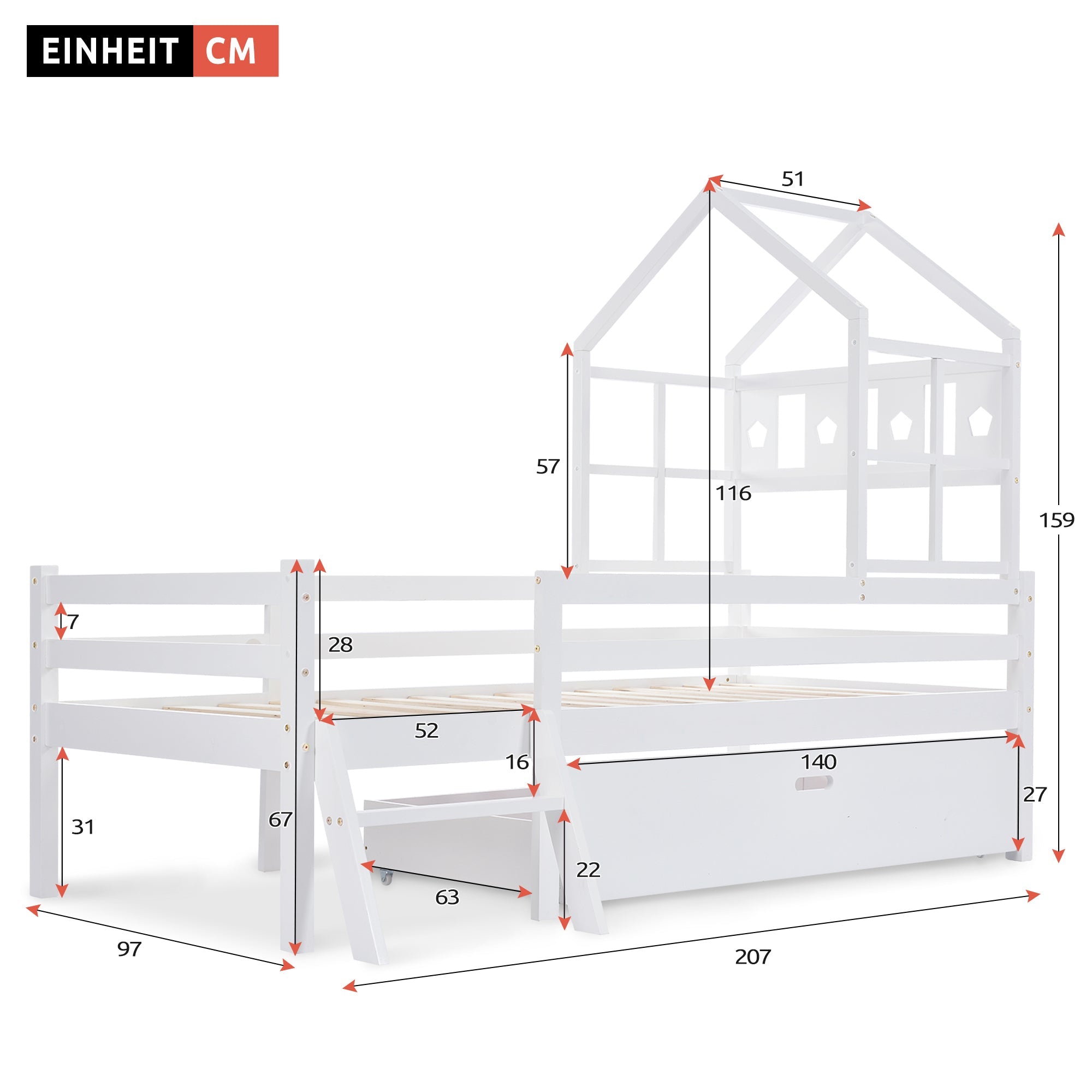Logidon House Bed Kinderbed met ladder en lades 90x200 wit