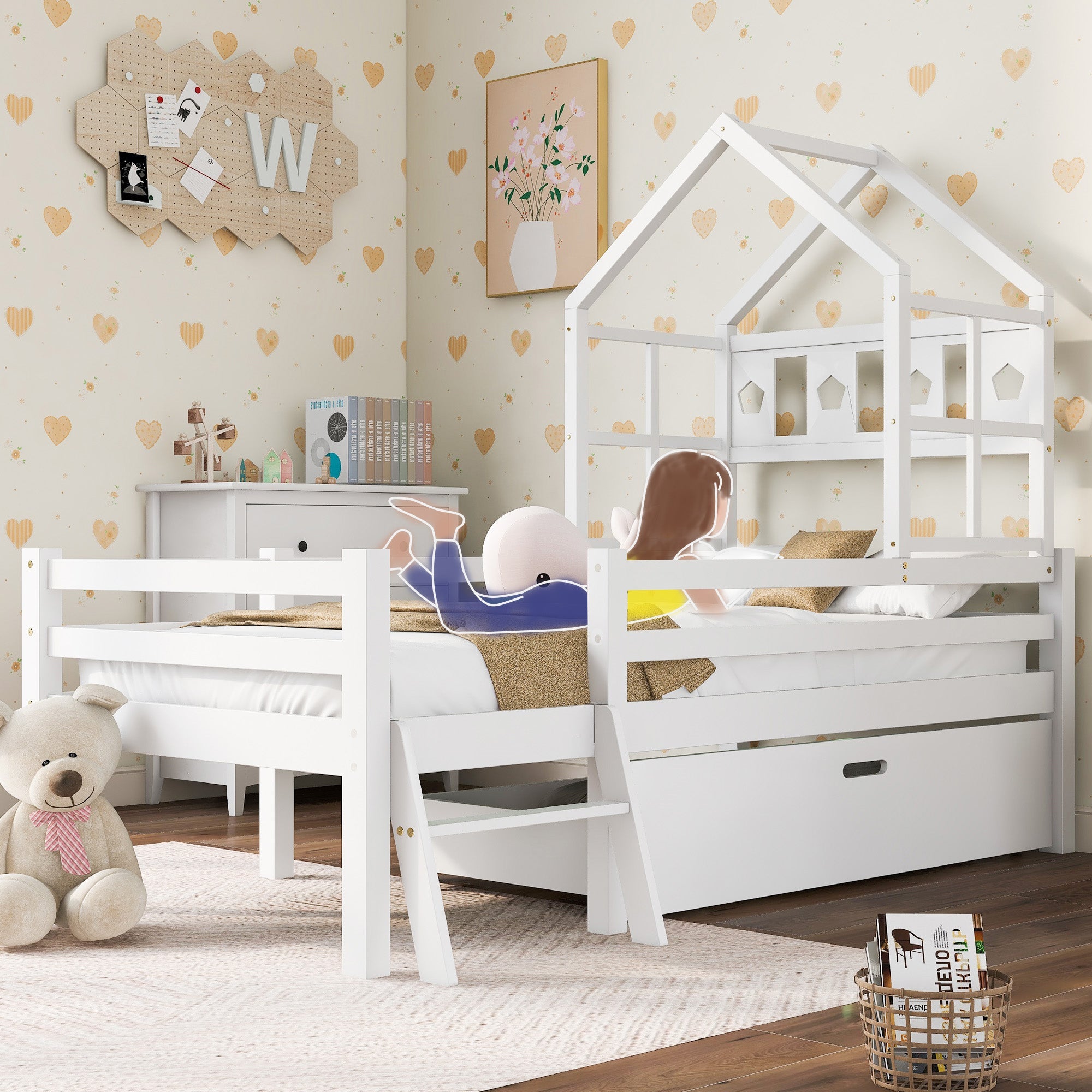Logidon House Bed Kinderbed met ladder en lades 90x200 wit