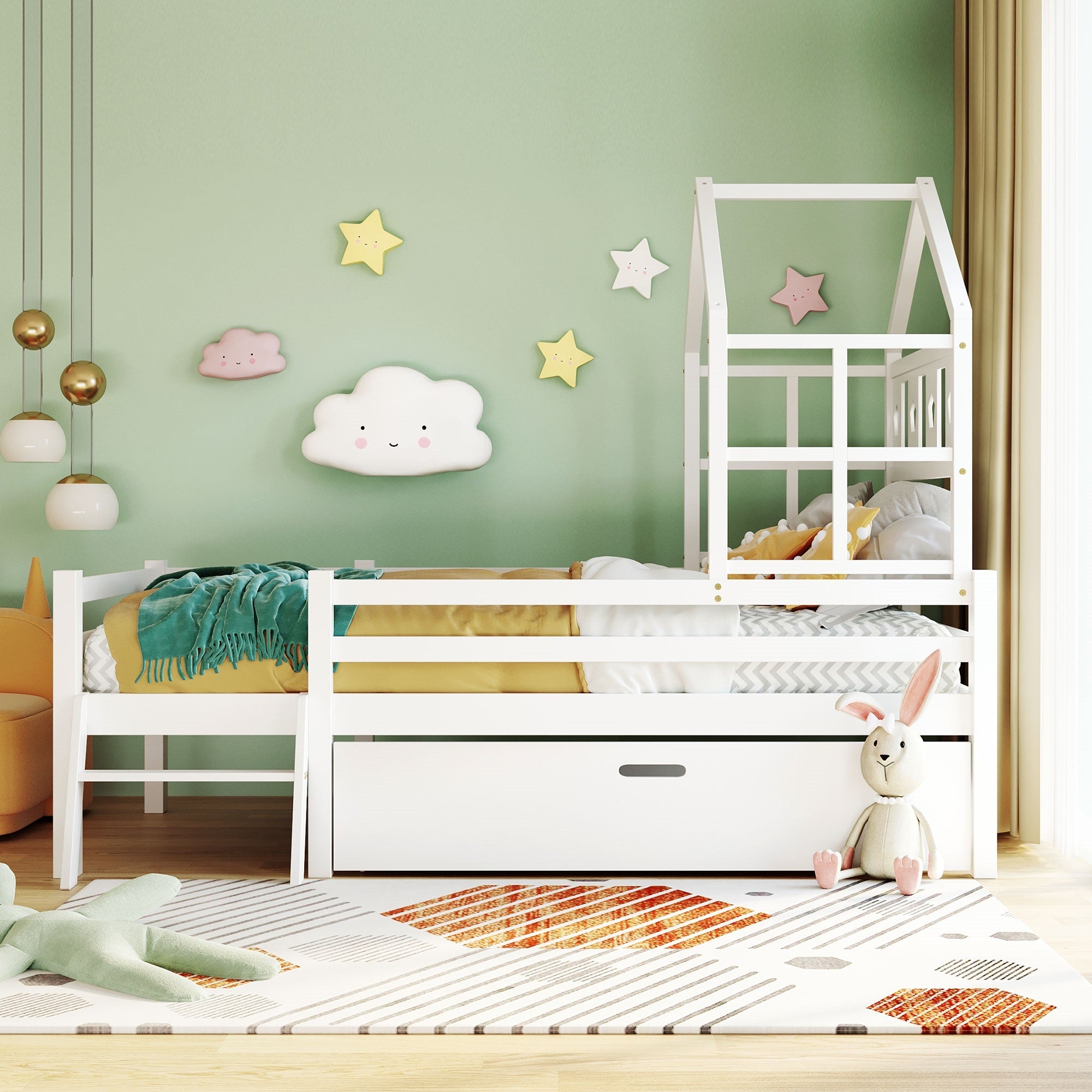 Logidon House Bed Kinderbed met ladder en lades 90x200 wit