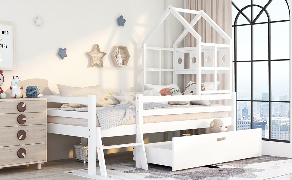 Logidon House Bed Kinderbed met ladder en lades 90x200 wit
