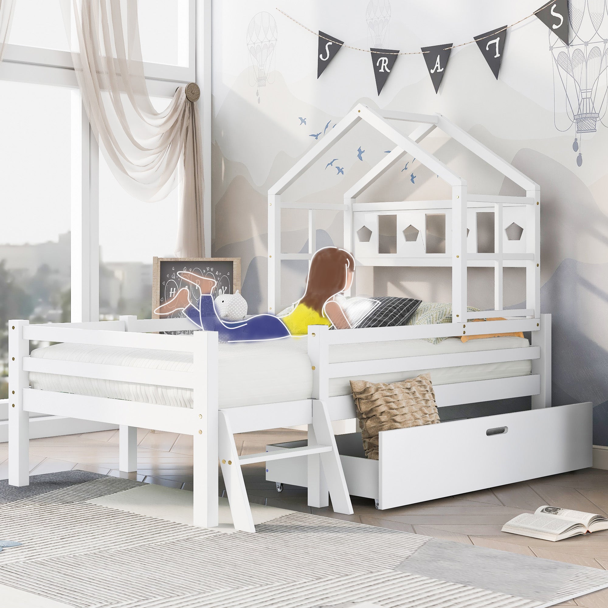 Logidon House Bed Kinderbed met ladder en lades 90x200 wit
