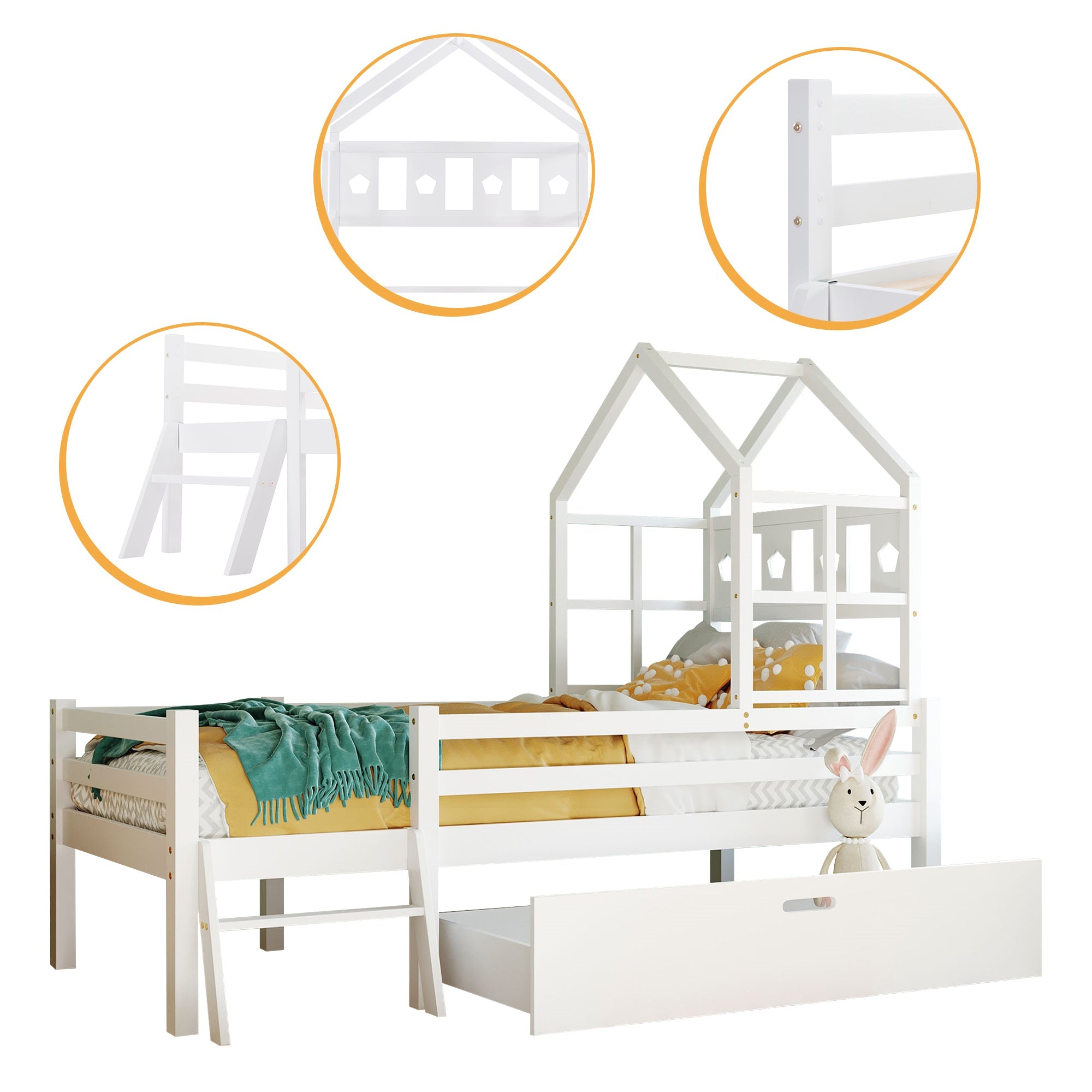 Logidon House Bed Kinderbed met ladder en lades 90x200 wit