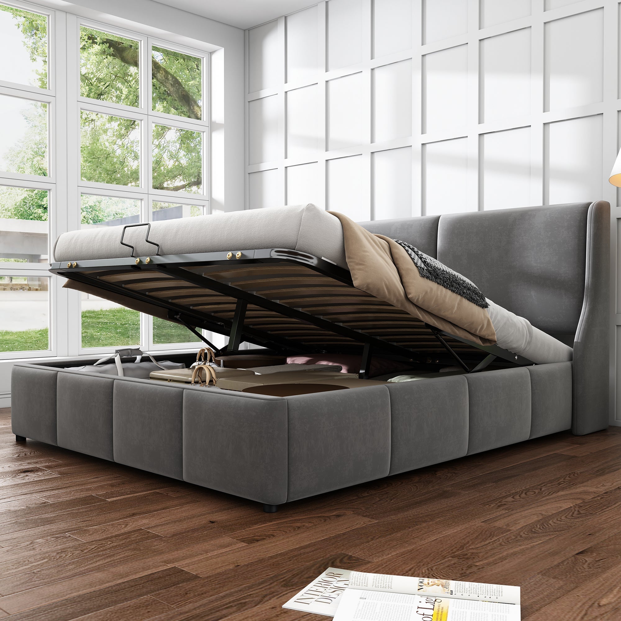 Logidon Padded Bed 140x190 With Hydraulic Storage Box Gray