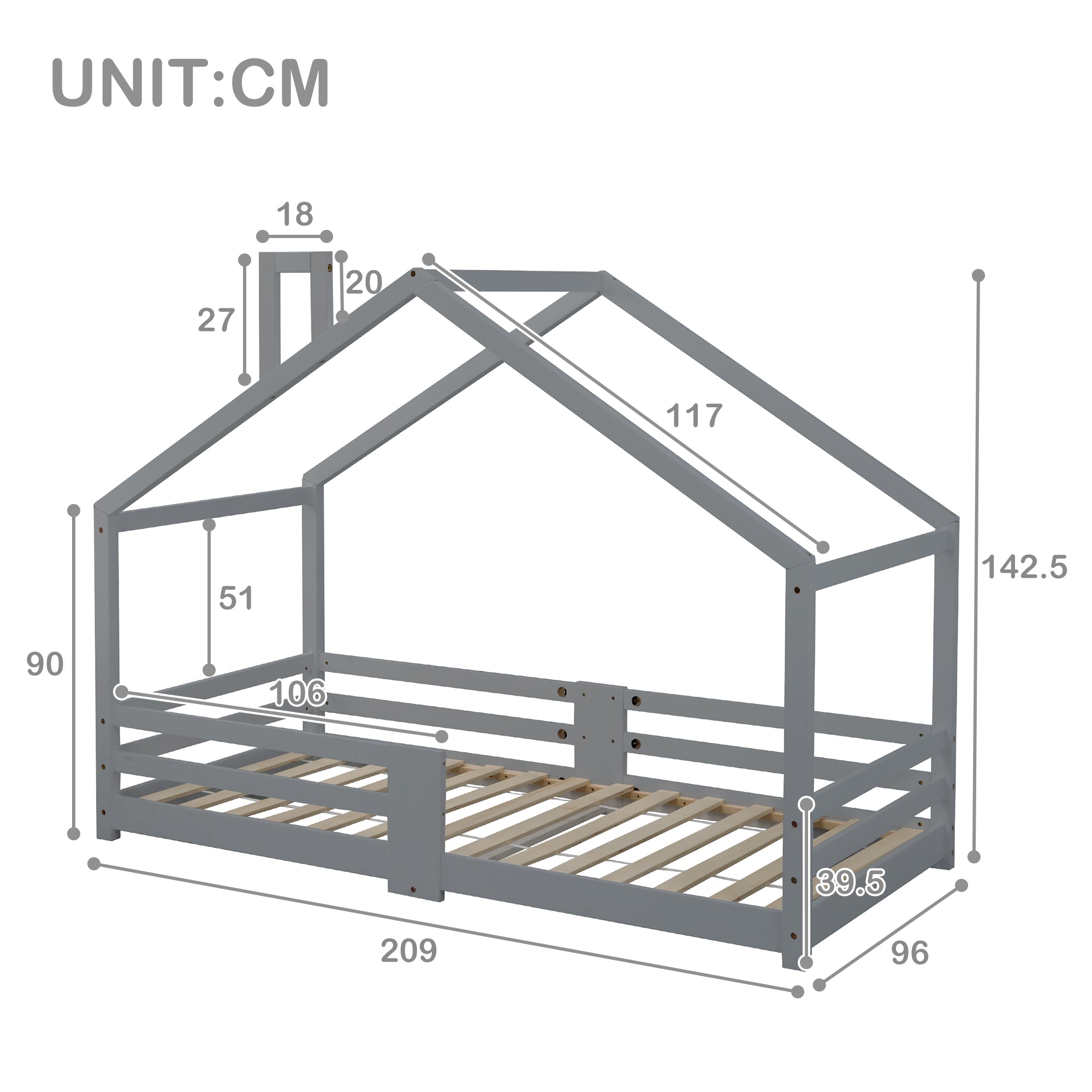 Logidon kinderbed huisbed met schouw grijs 90x200 cm