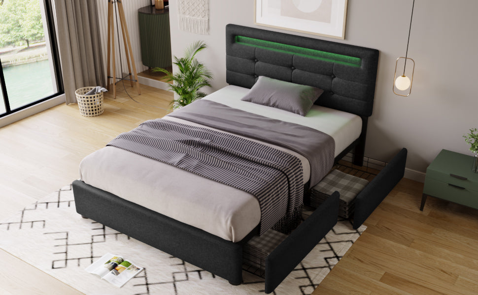 Logidon bed frame with LED lighting and 2 drawers 90x200 black