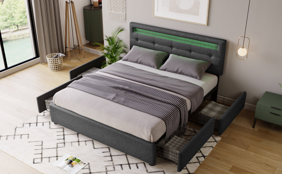 Logidon bed frame 140x200 cm with LED lighting 4 drawers gray
