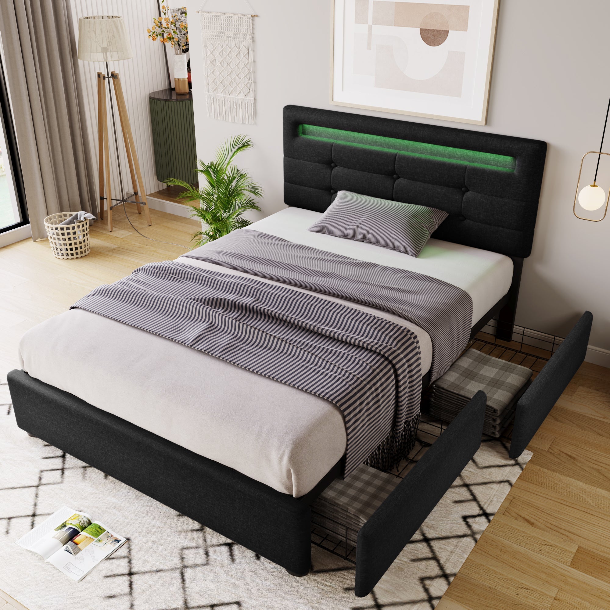 Logidon bed frame with LED lighting and 2 drawers 90x200 black
