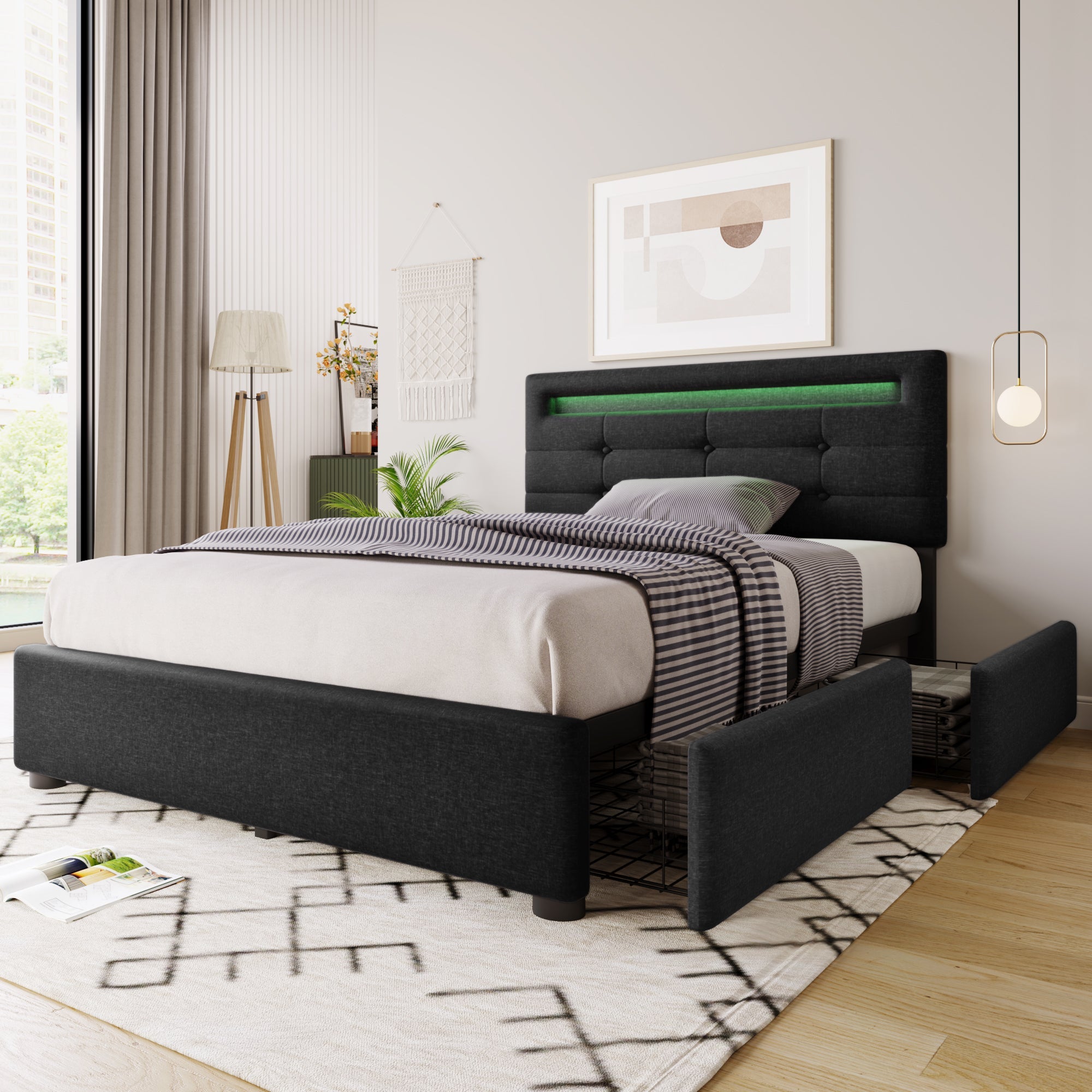 Logidon bedframe met LED-verlichting en 2 lades 90x200 zwart
