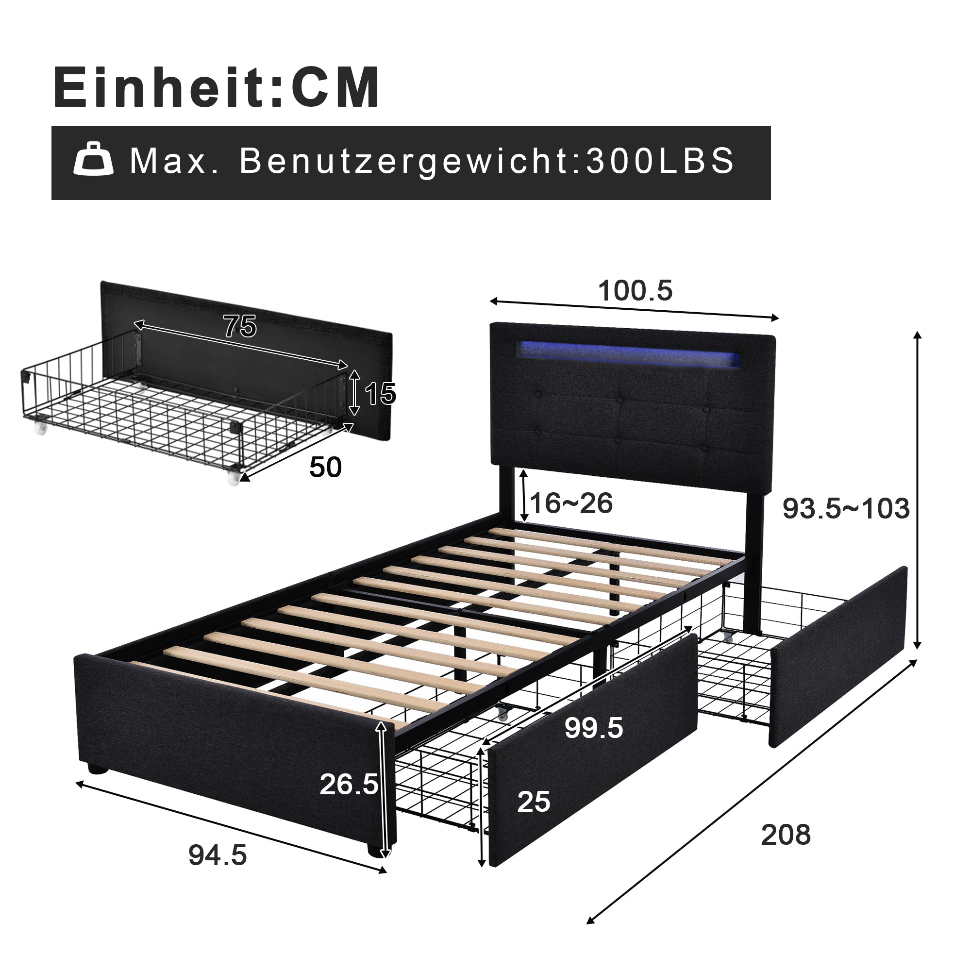 Logidon bedframe met LED-verlichting en 2 lades 90x200 zwart