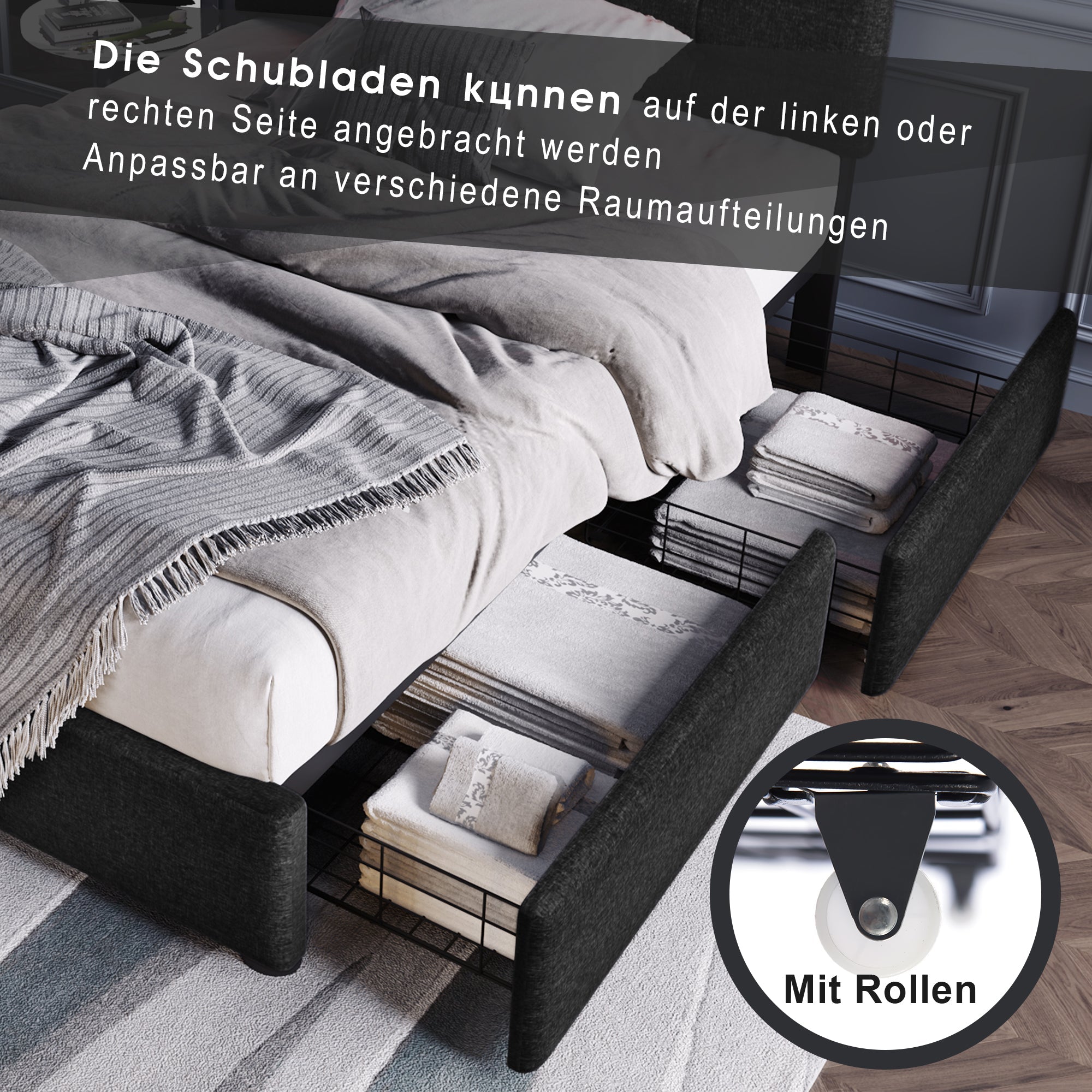 Logidon bed frame with LED lighting and 2 drawers 90x200 black