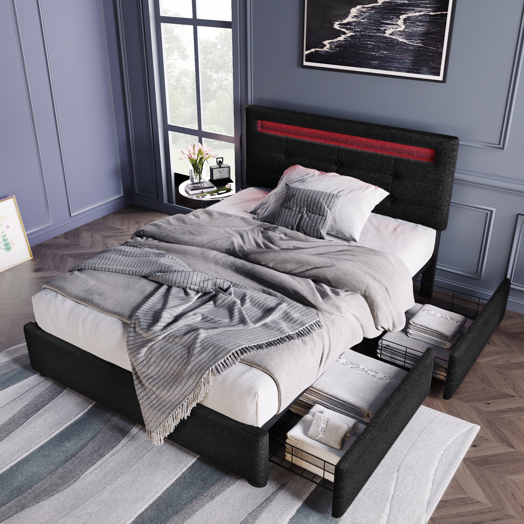 Logidon bedframe met LED-verlichting en 2 lades 90x200 zwart