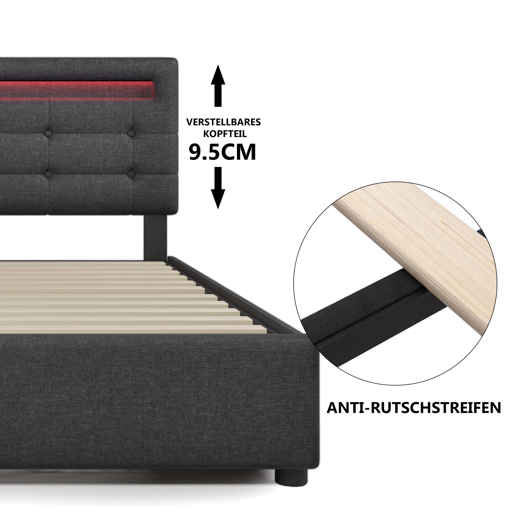 Logidon bed frame 140x200 cm with LED lighting 4 drawers gray