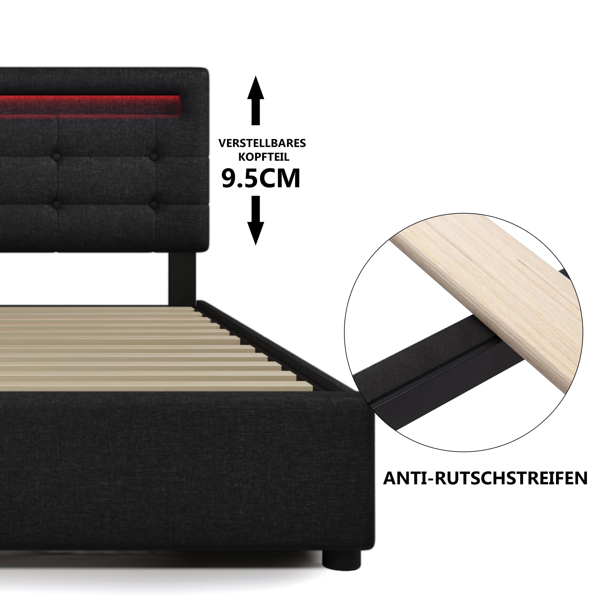 Logidon bedframe met LED-verlichting en 2 lades 90x200 zwart