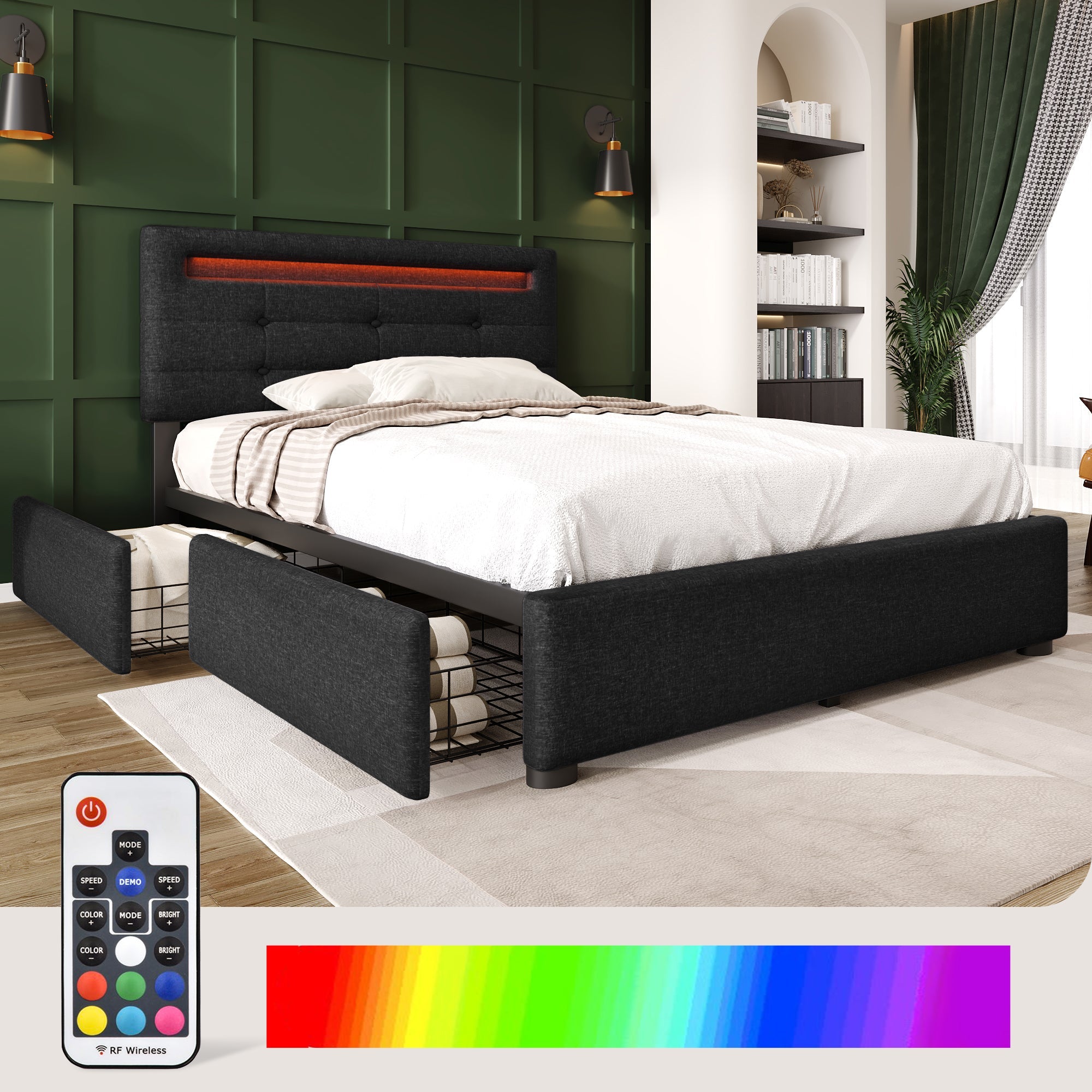 Logidon bedframe met LED-verlichting en 2 lades 90x200 zwart
