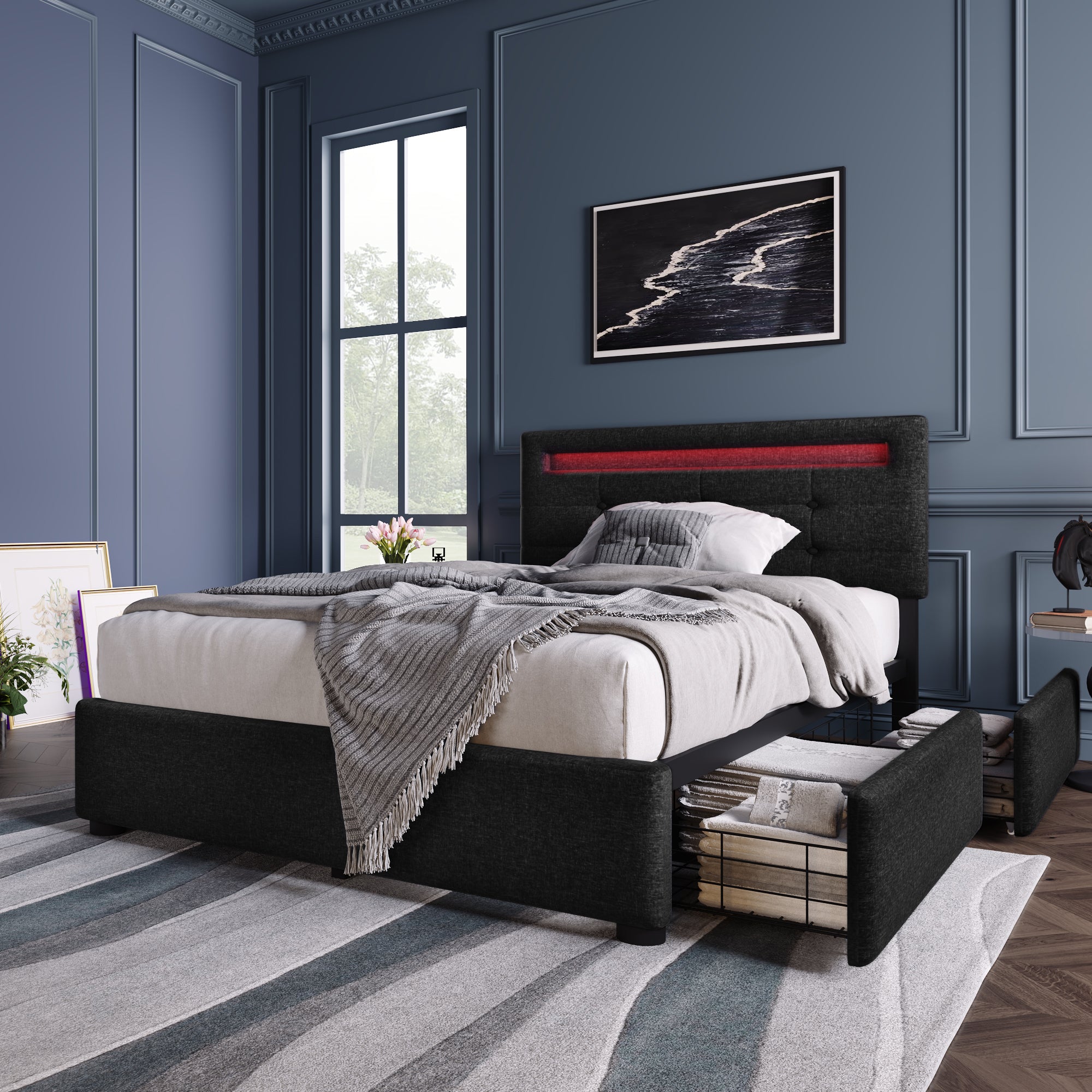 Logidon bed frame with LED lighting and 2 drawers 90x200 black