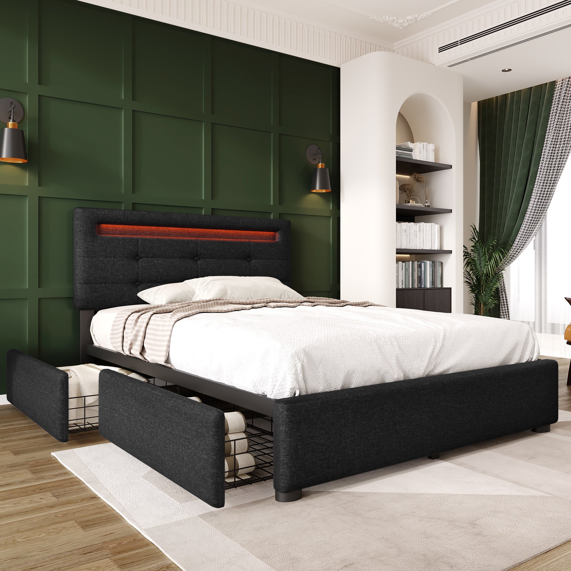 Logidon bed frame with LED lighting and 2 drawers 90x200 black