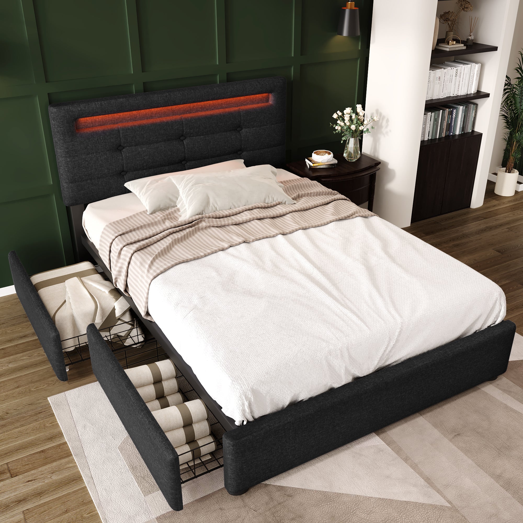 Logidon bed frame with LED lighting and 2 drawers 90x200 black