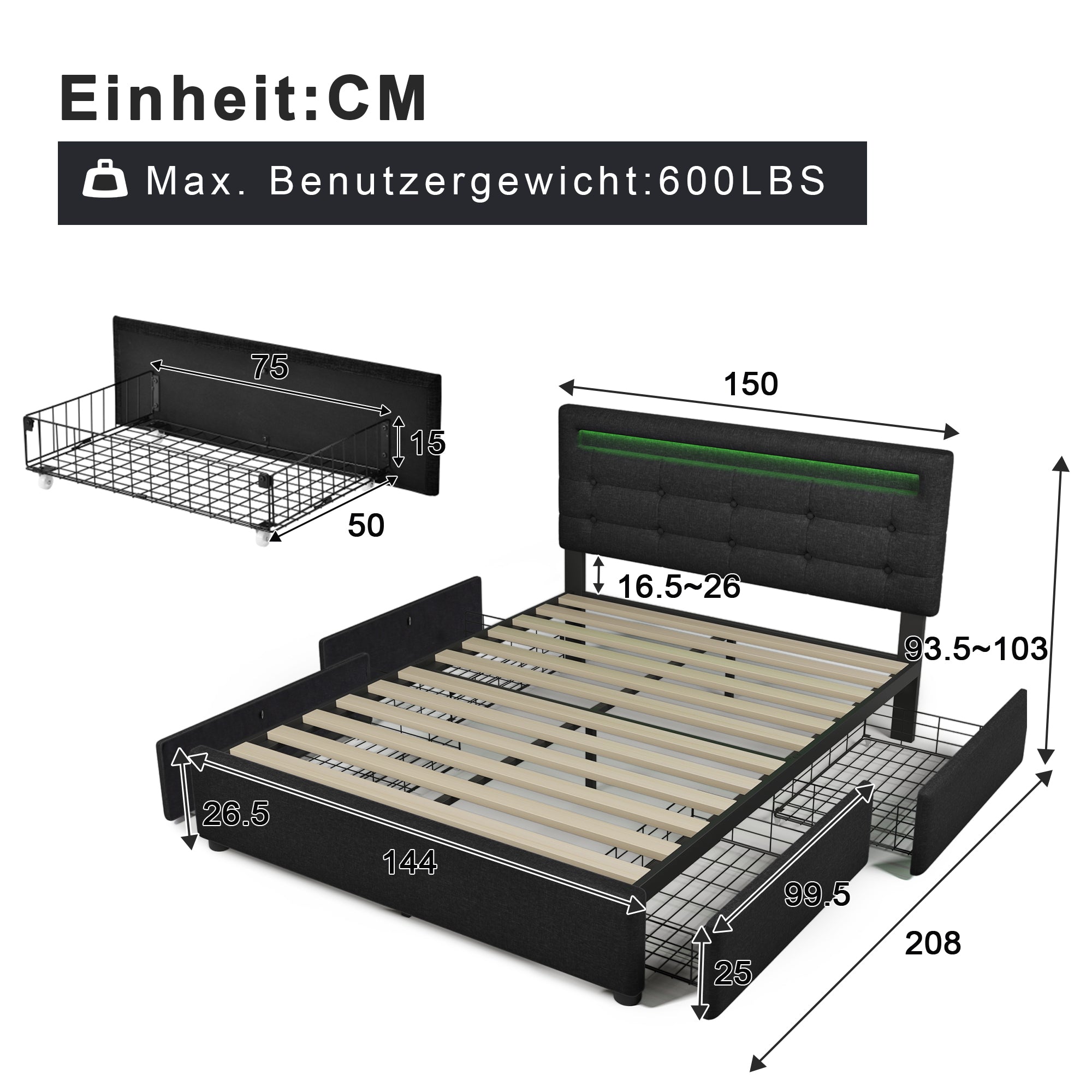 Logidon bedframe LED-verlichting en 4 lades 140x200 zwart