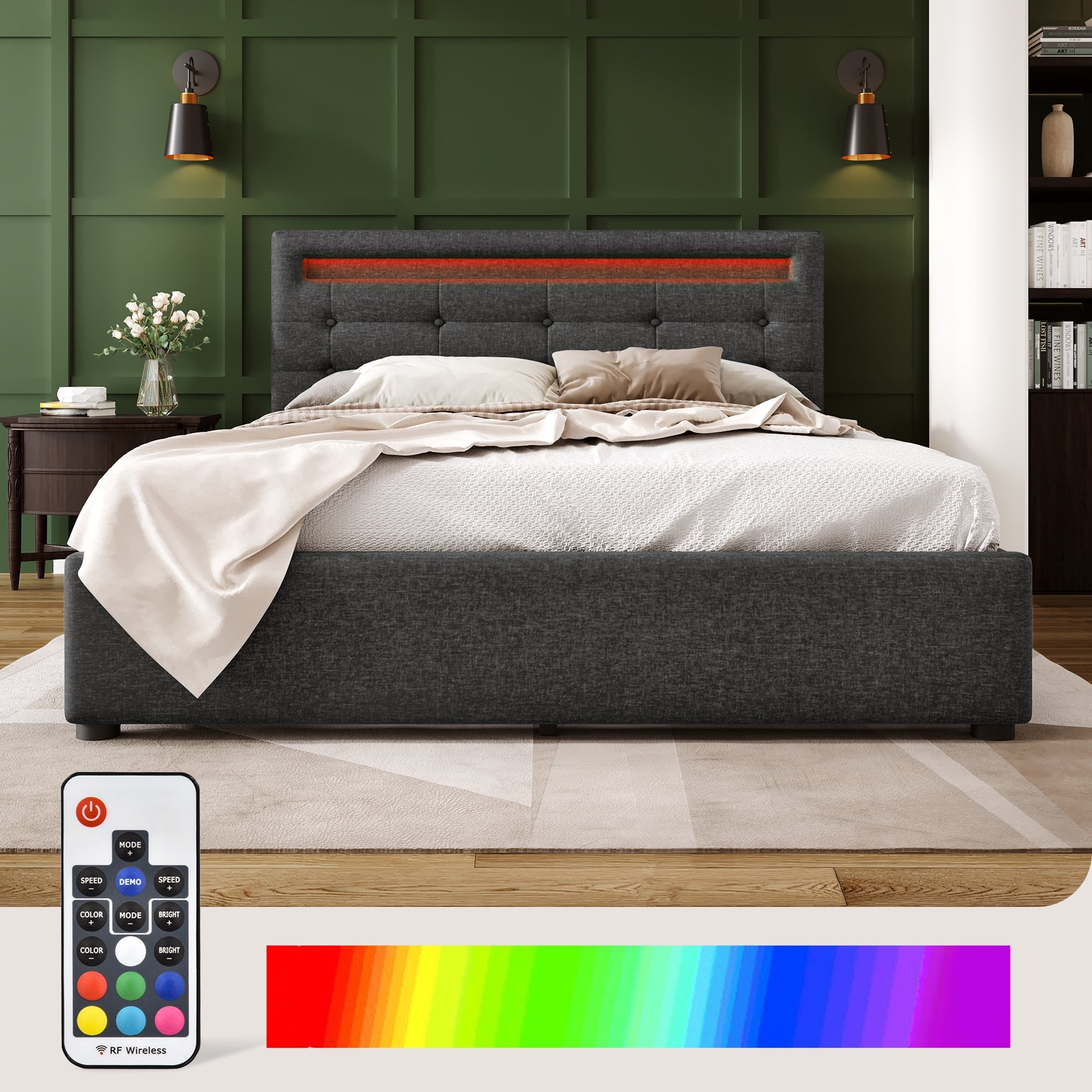 Logidon bed frame 140x200 cm with LED lighting 4 drawers gray