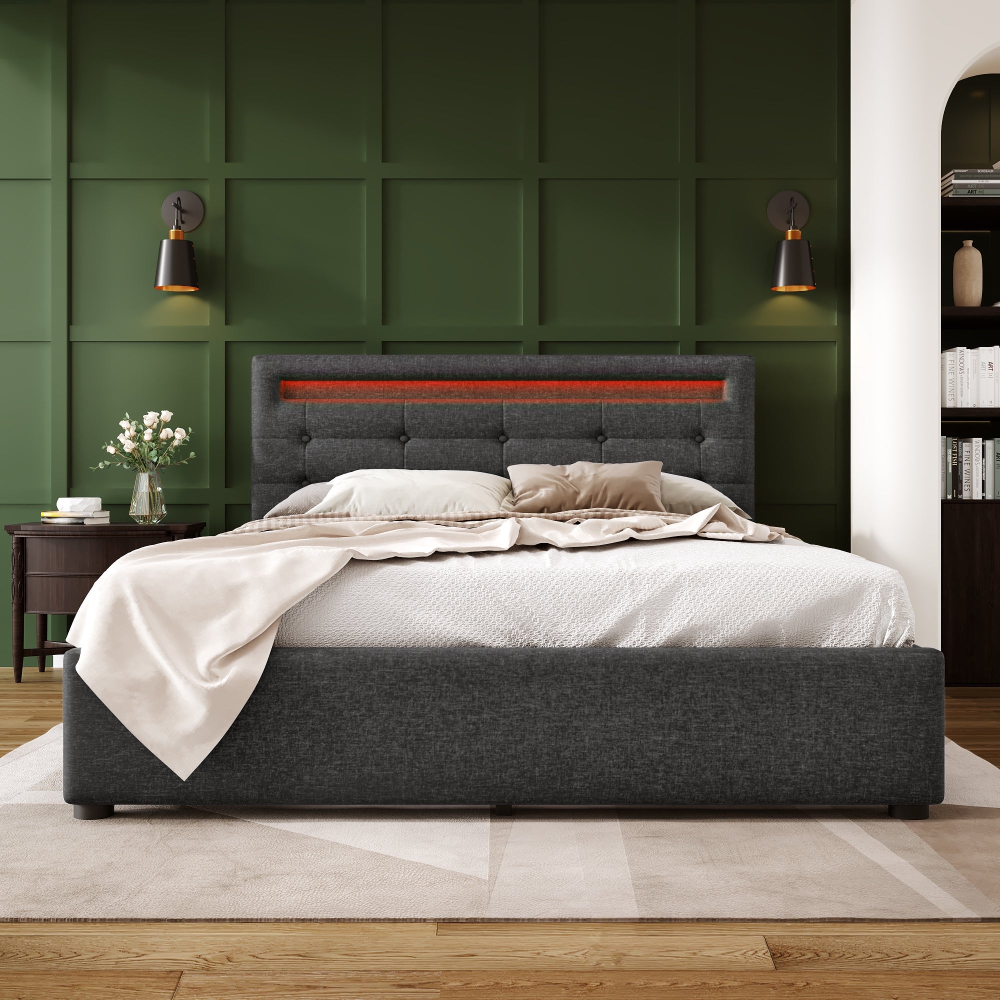 Logidon bed frame 140x200 cm with LED lighting 4 drawers gray