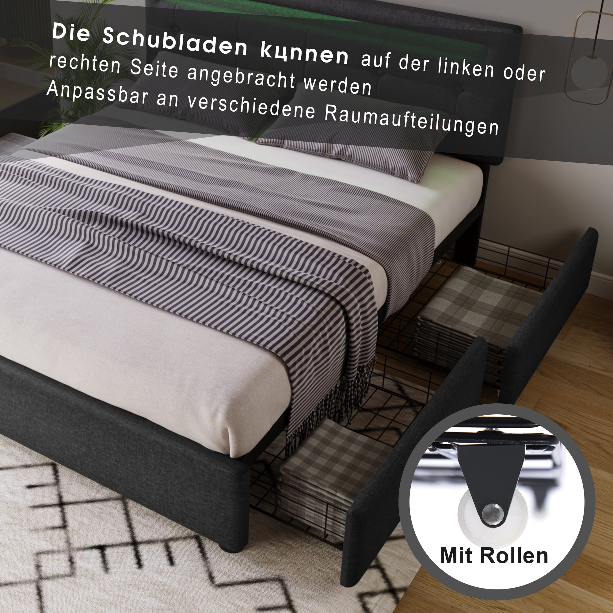 Logidon bed frame 140x200 cm with LED lighting 4 drawers gray