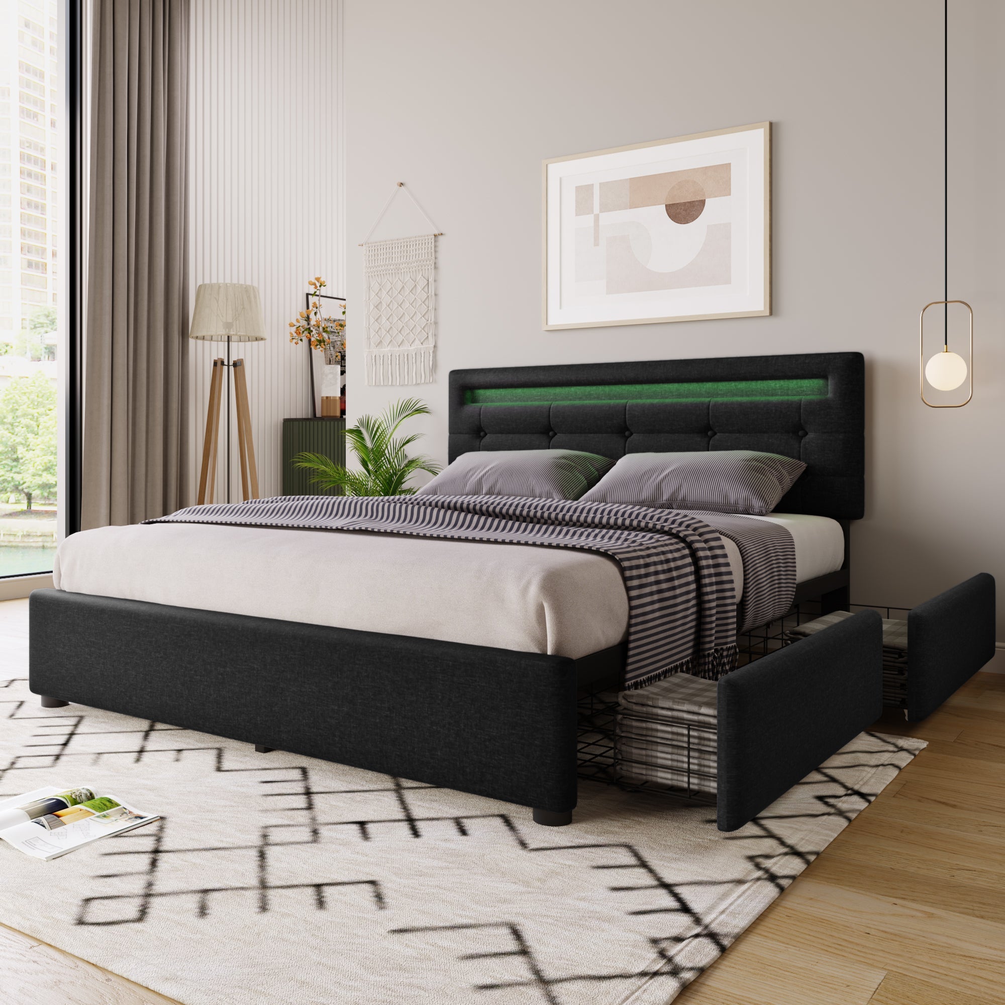 Logidon bed frame LED lighting and 4 drawers 140x200 black