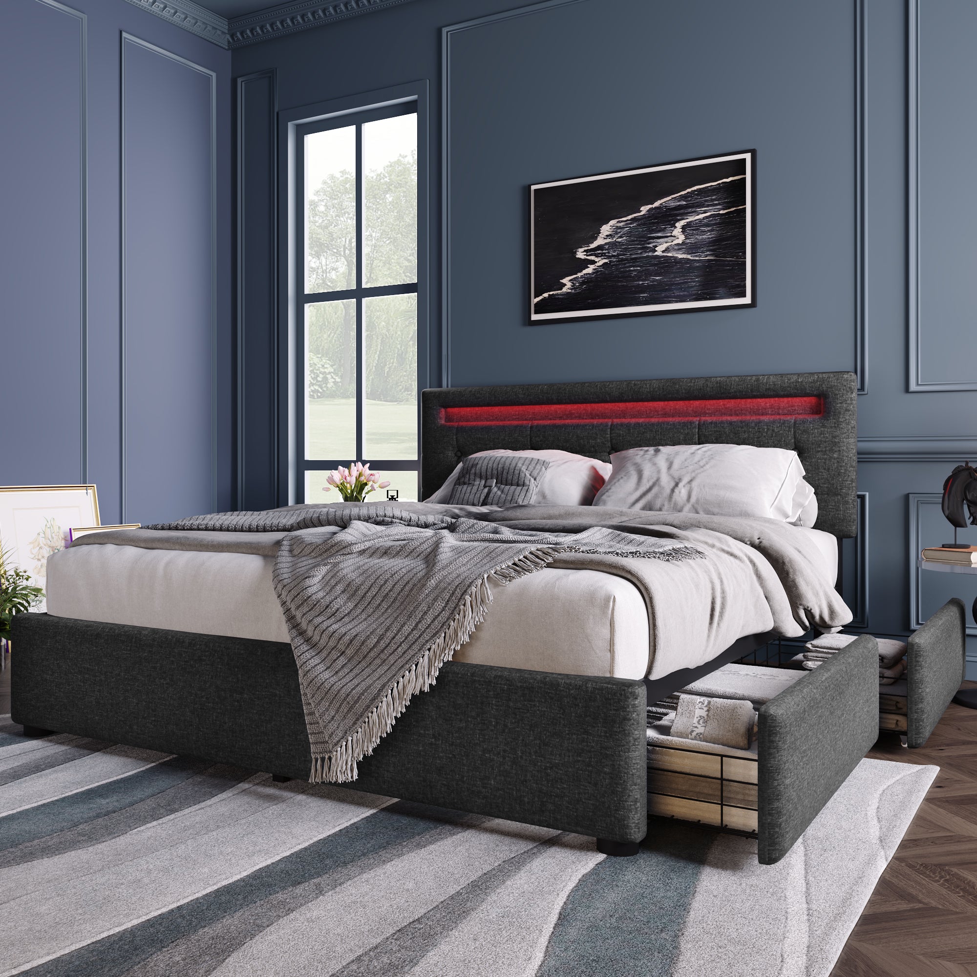 Logidon bed frame 140x200 cm with LED lighting 4 drawers gray