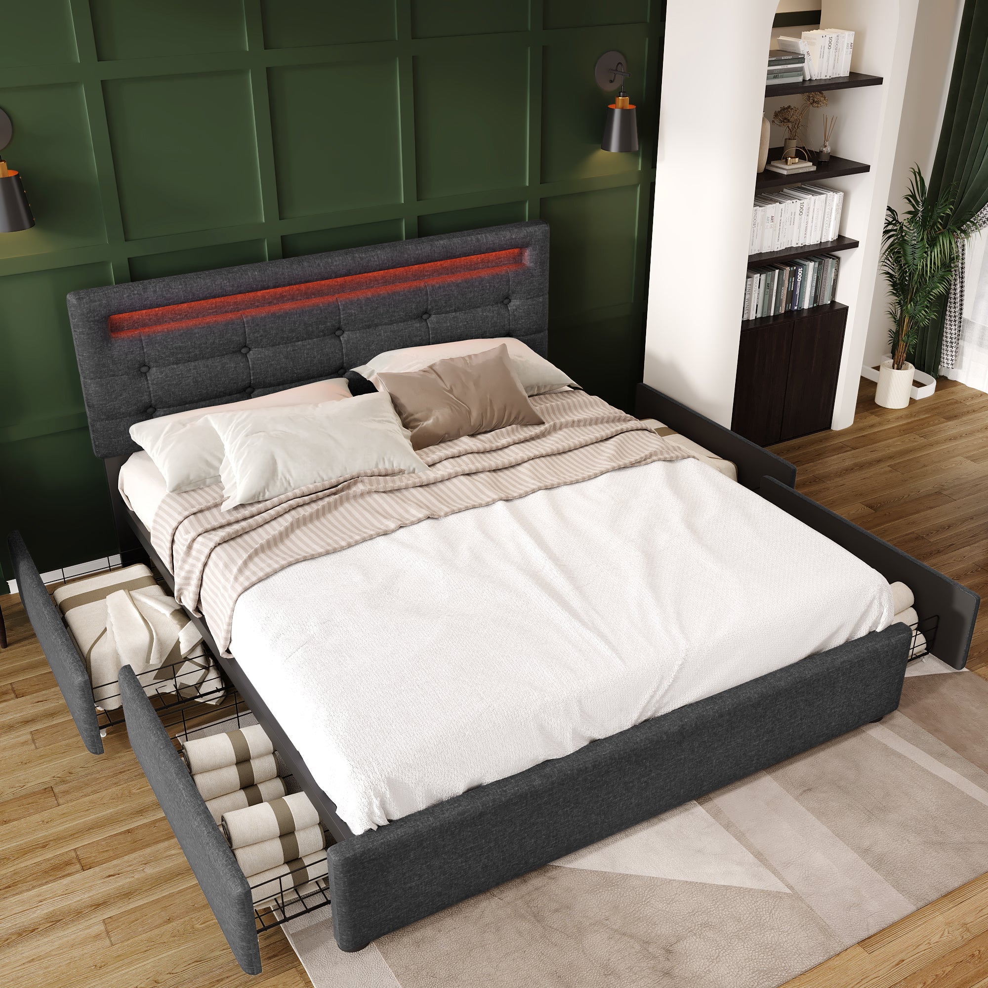 Logidon bed frame 140x200 cm with LED lighting 4 drawers gray
