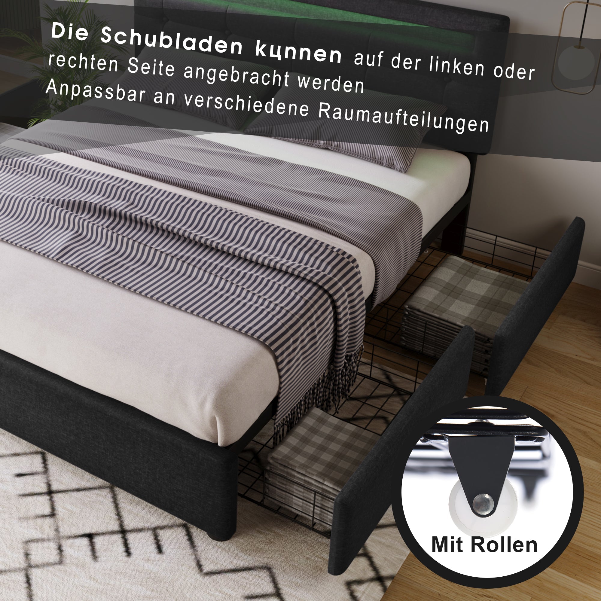 Logidon bed frame LED lighting and 4 drawers 140x200 black