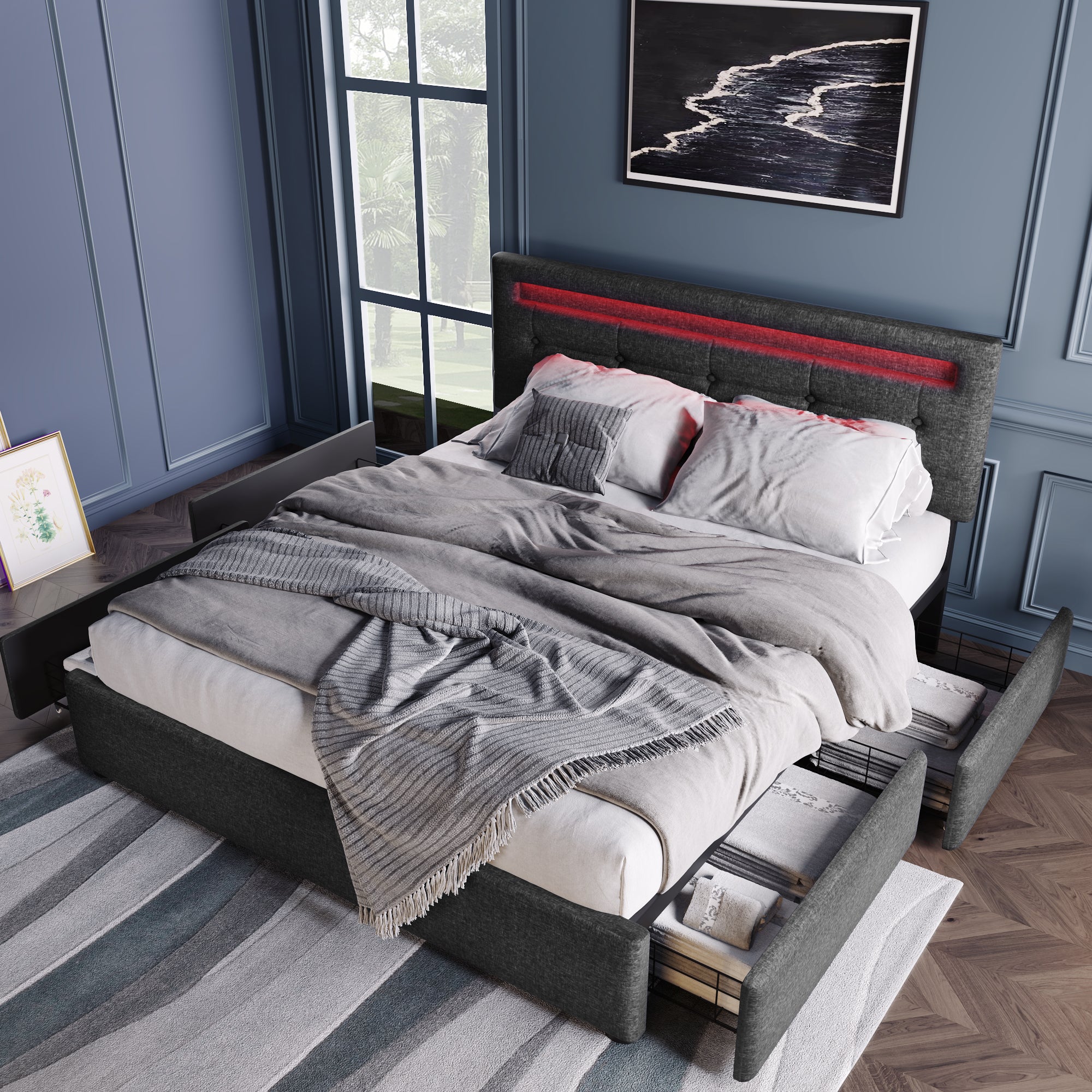 Logidon bed frame 140x200 cm with LED lighting 4 drawers gray
